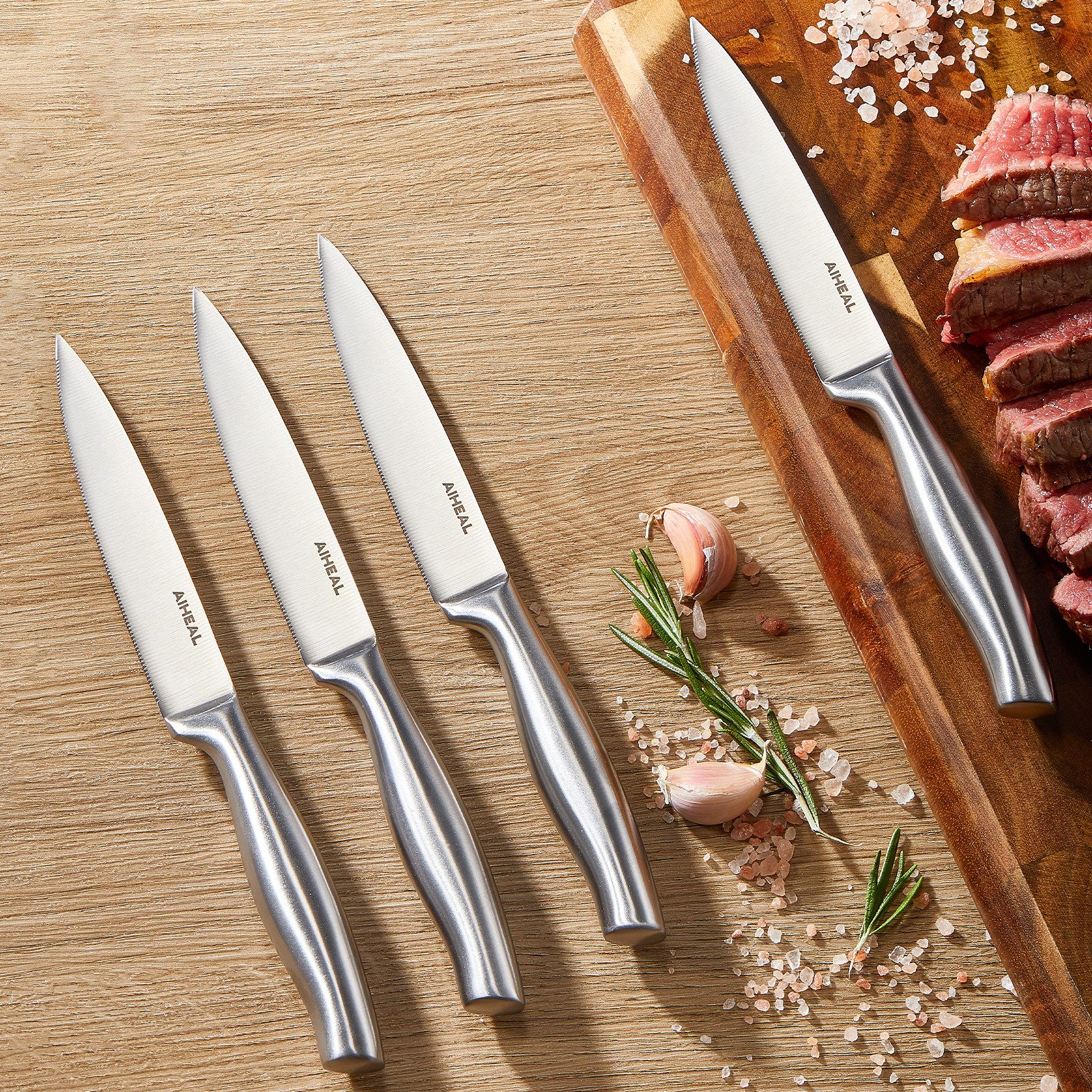 D.Perlla Steakmesser Steakmesser-Set aus Edelstahl, 12-teilig, mit Mikro-Wellenschliff (9 Stück), gebogener, ergonomischer Griff, einteilige Konstruktion aus Edelstahl