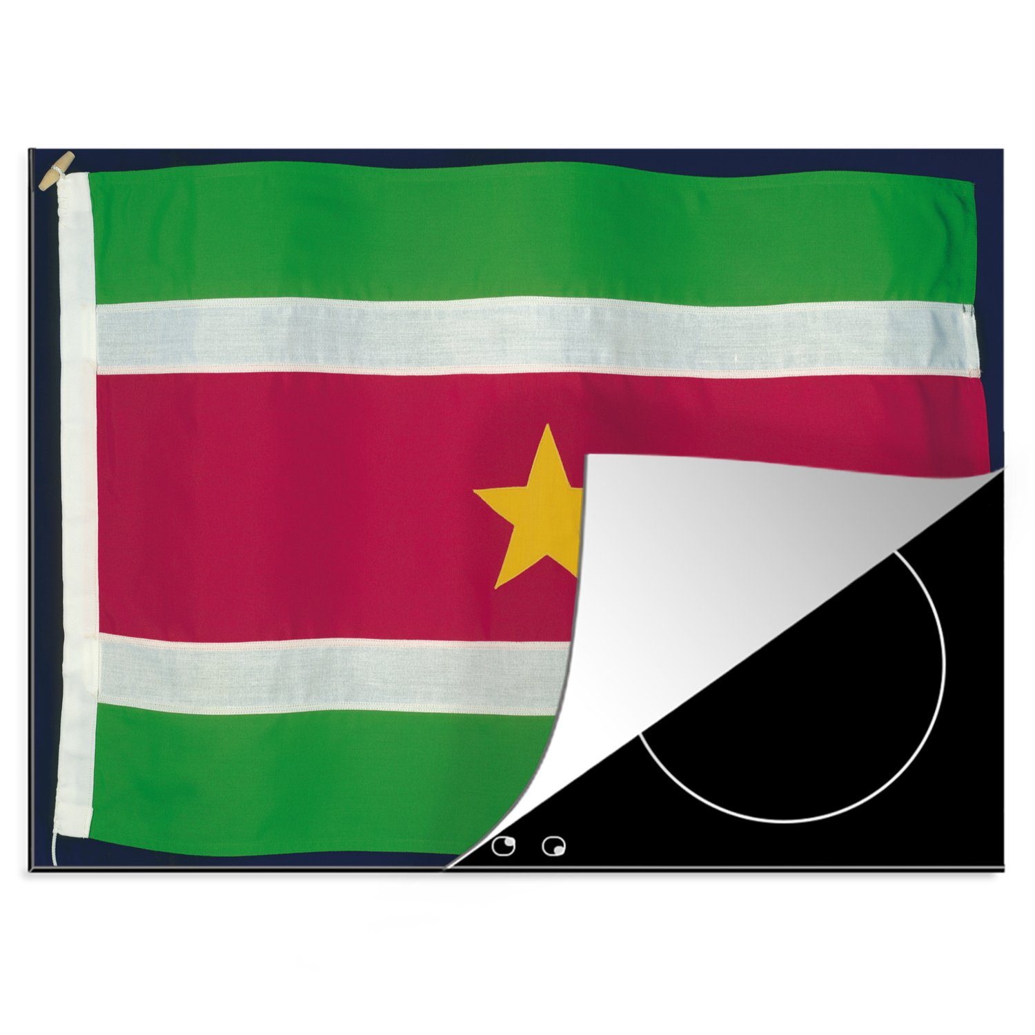 MuchoWow Herdblende-/Abdeckplatte Die Flagge von Suriname auf schwarzem Hintergrund, Vinyl, (1 tlg), 70x52 cm, Mobile Arbeitsfläche nutzbar, Ceranfeldabdeckung