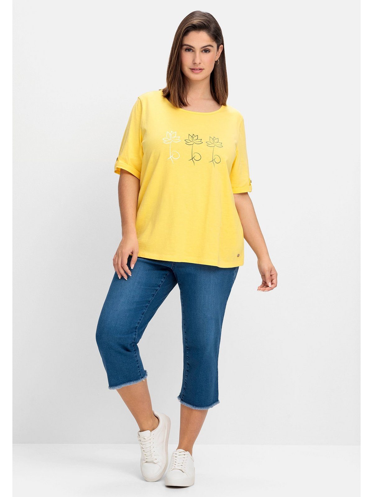 mit T-Shirt Sheego aus Große Baumwolle Blumen-Frontprint, gelb Größen