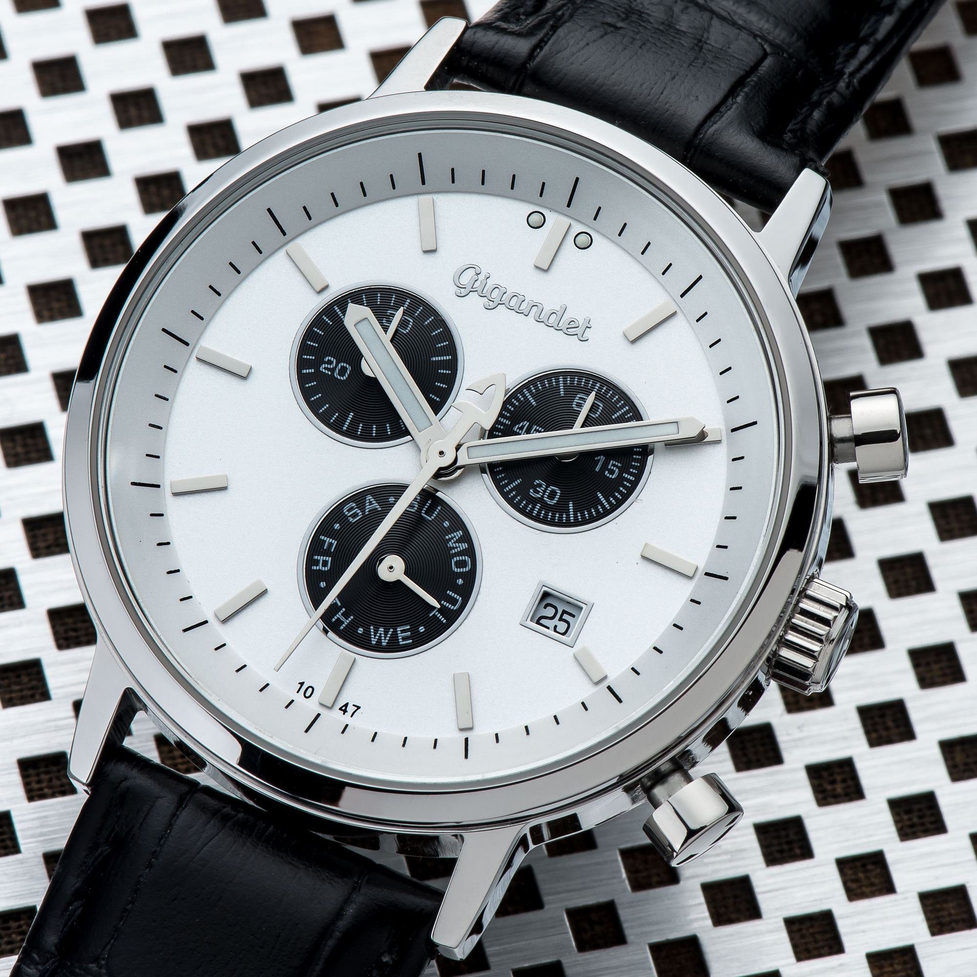 Gigandet Chronograph Armbanduhr, Herrenuhr, Stoppuhr, 41mm, CLASSICO G6-002, Mineralglas, Tages- und Datumsanzeige, Lederband, 5bar/50m wasserdicht