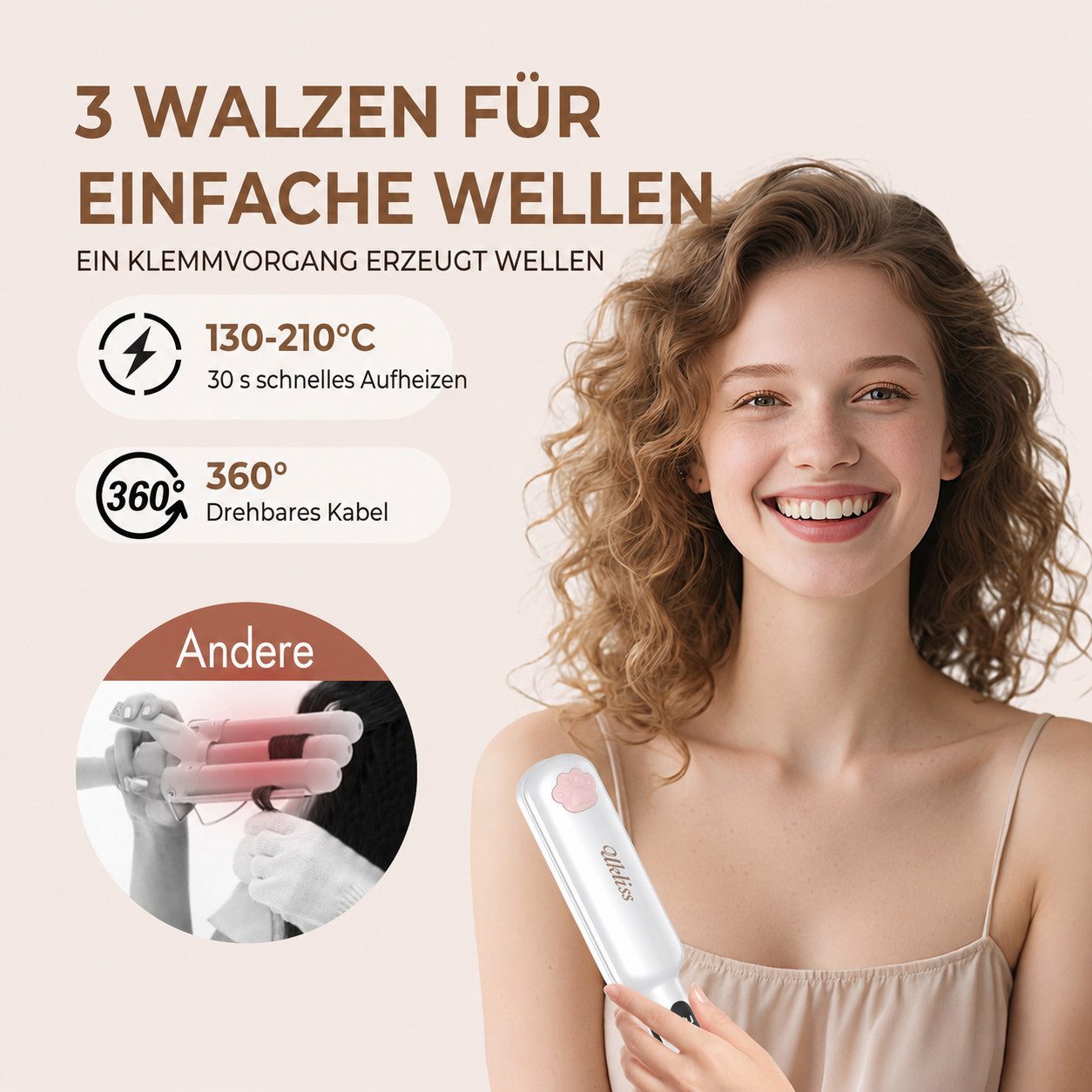 UKLISS Lockenstab 3-Walzen Welleneisen, Mini Reise Lockenstab, für Anfänger geeignet, für natürliche Meerjungfrauen-Wellen, LCD-Display 130–210°C – Bild 5 von 5