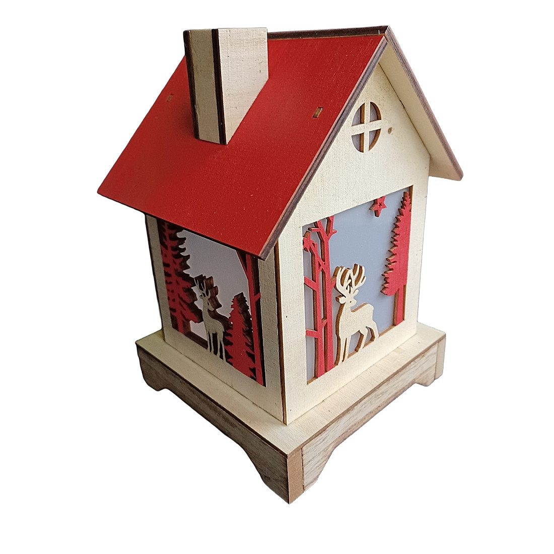 Udo Schmidt Bremen...das Original Weihnachtshaus aus Holz mit warmer LED-Beleuchtung und Wald-Szenen in den Fenstern, mit Kippschalter