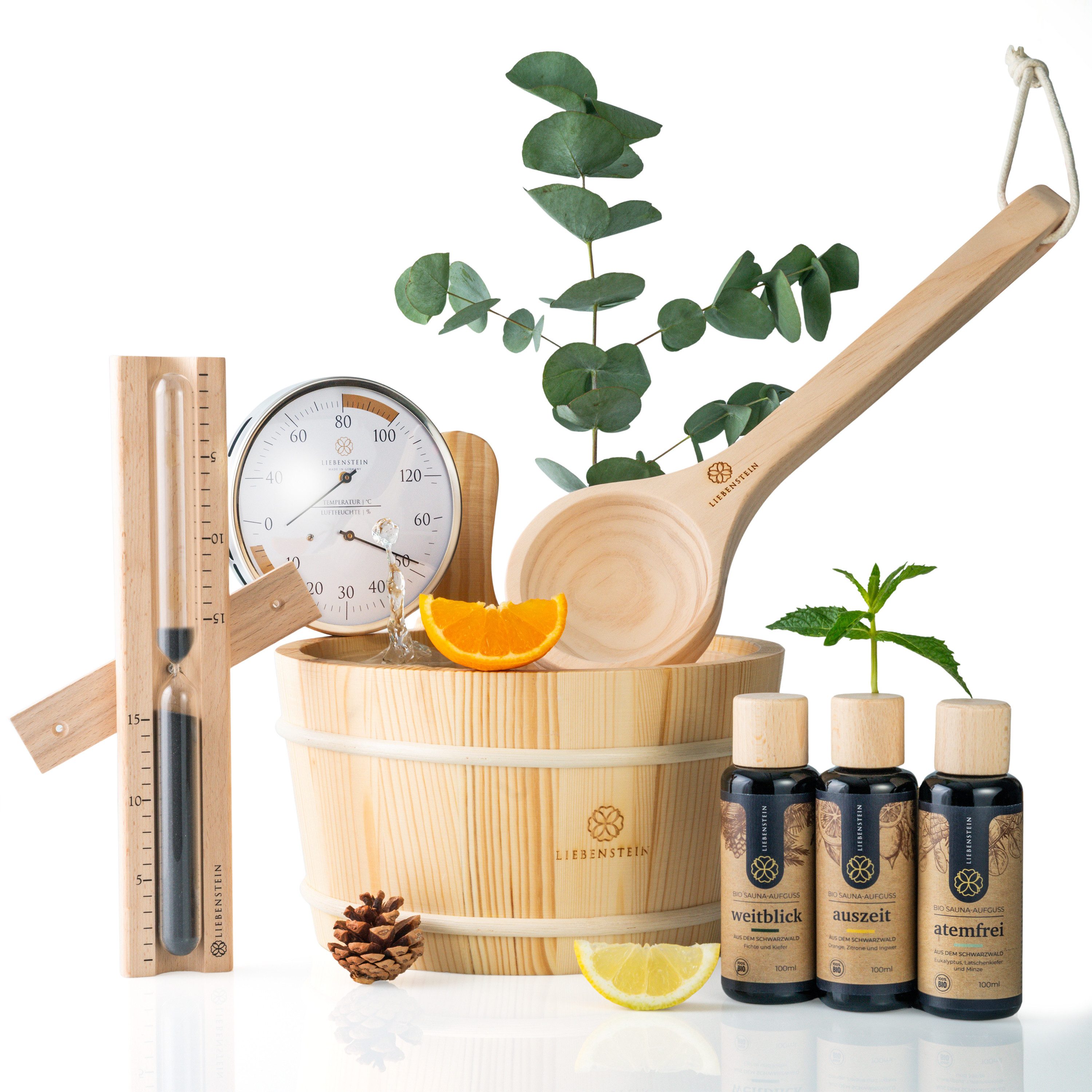 Liebenstein Sauna-Aufgussset Sauna Set - 4 teiliges "Komplettset" - hochwertiges Sauna Zubehör Set (4-tlg)