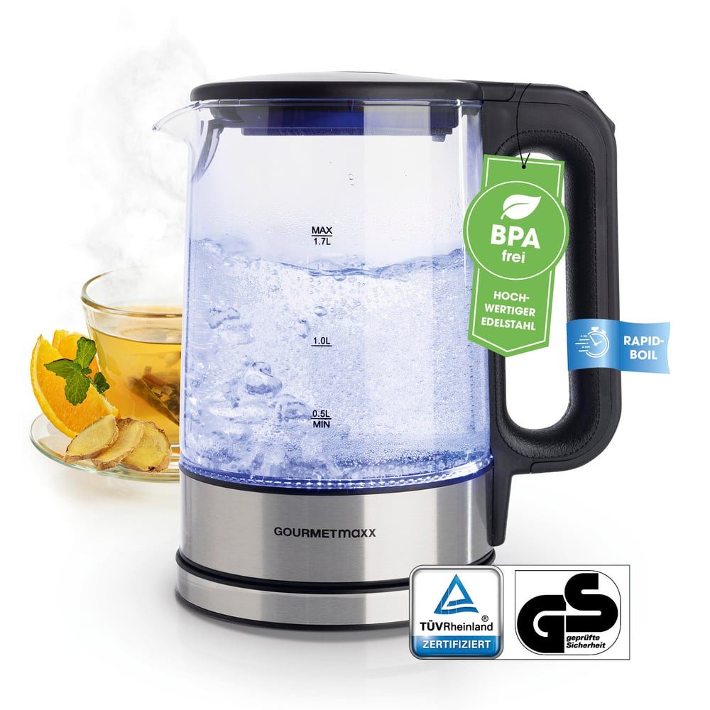 GOURMETmaxx Wasserkocher Glas 1,7 Liter mit integrierter Beleuchtung, 2200 W, Leistungsstarker Boiler mit Abschaltfunktion & Kalkfilter [Silber]