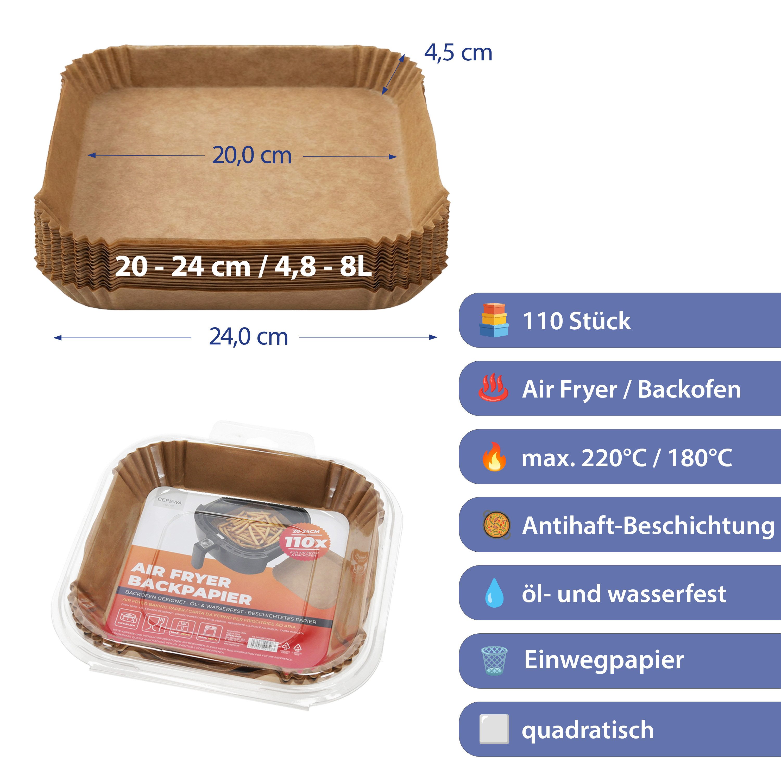 CEPEWA Backpapier Backpapier für Air Fryer Backofen 20-24cm 110Stück 24x24x4,5cm