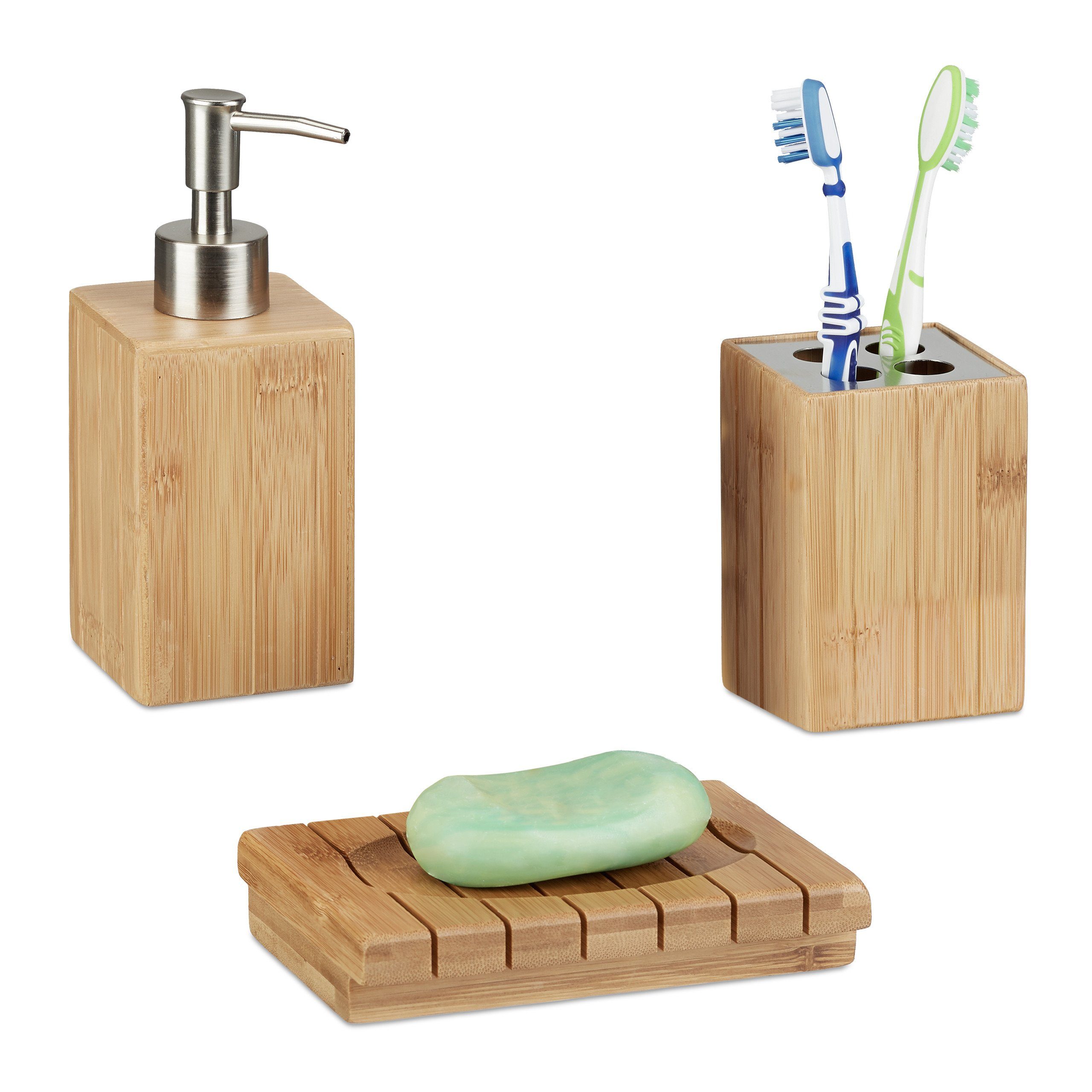 Set Badezimmer-Set relaxdays 3er Bambus Badaccessoires