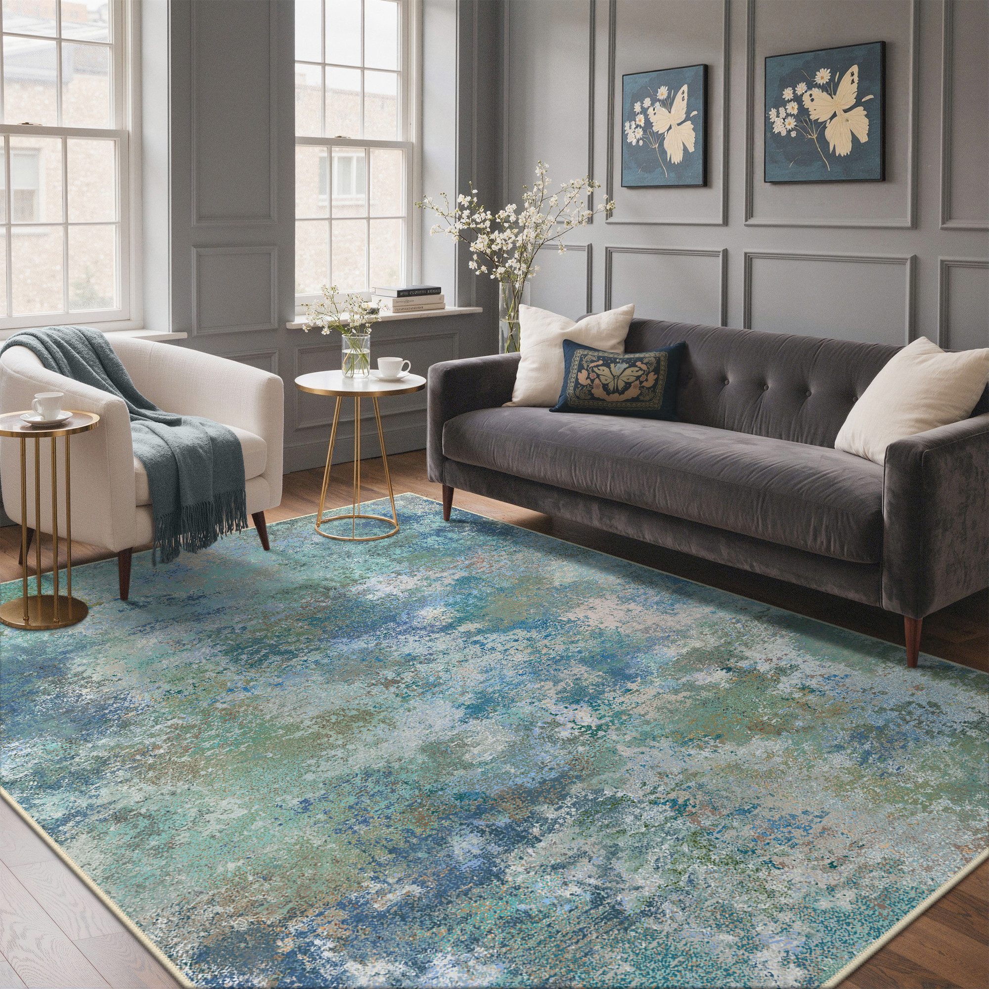 GENIMO Teppich Wohnzimmer Teppich, Boho Vintage, waschbar, rutschfest, rechteckig, 80X150cm, blau