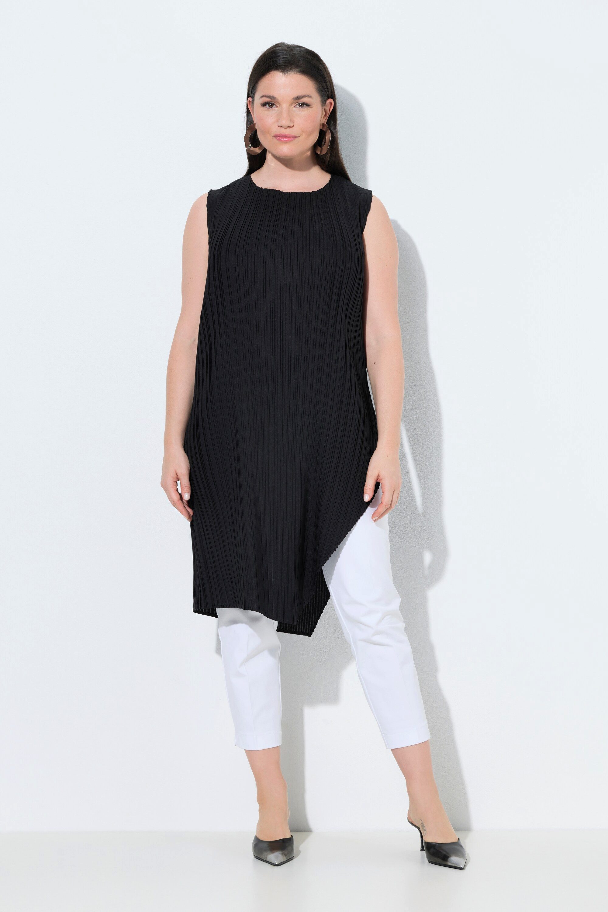 Ulla Popken Spitzenbluse Plissee-Blusentop Rundhalsausschnitt ärmellos