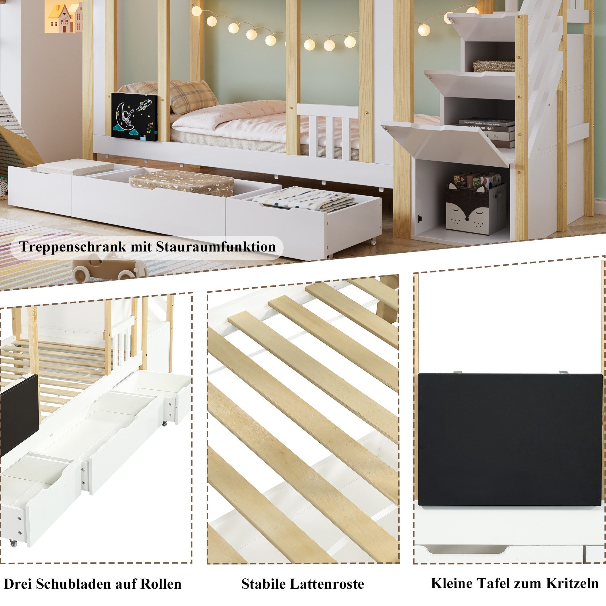 MODFU Etagenbett Drei Schubladen auf Rollen, Inklusive Tafel (Kinderbett, T günstig online kaufen