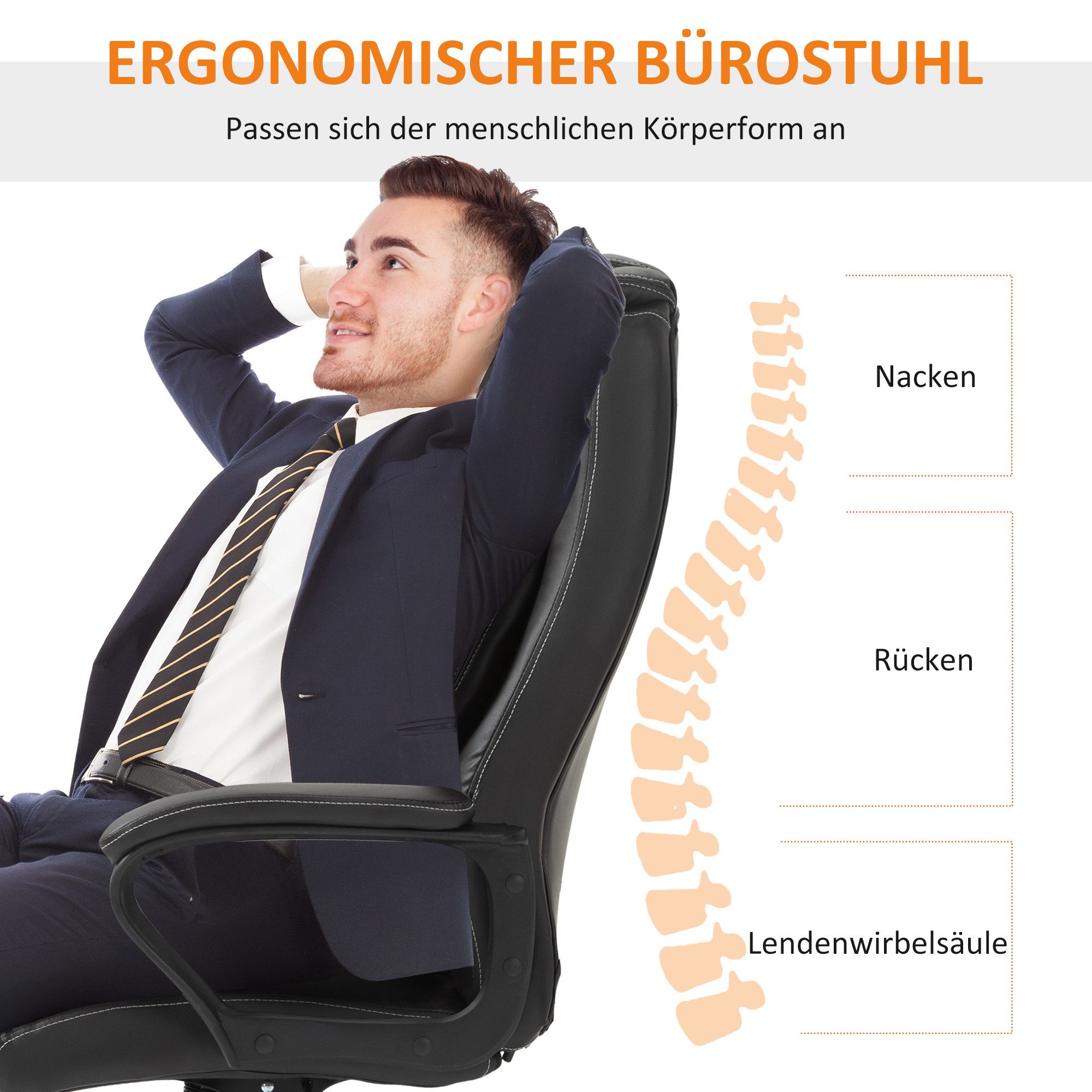 Vinsetto Schreibtischstuhl Ergonomischer Chefsessel, Wippfunktion, Drehstuhl, Braun (Bürostuhl mit Massage, 1 St), 6 Vibrationspunkte, Leinen-Gefühl, einstellba – Bild 4 von 5