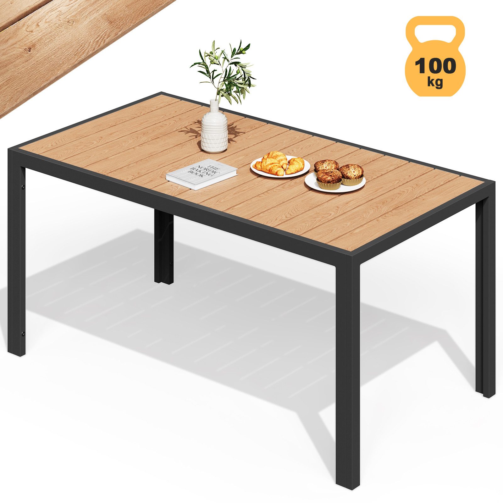 GUNJI Gartentisch 150/180x80cm Aluminiumtisch, Balkontisch, Outdoor-Esstisch (100kg Belastbarkeit, für mehrere Personen, Holzoptik, wasser-sonnenschutzfest & pflegeleicht)