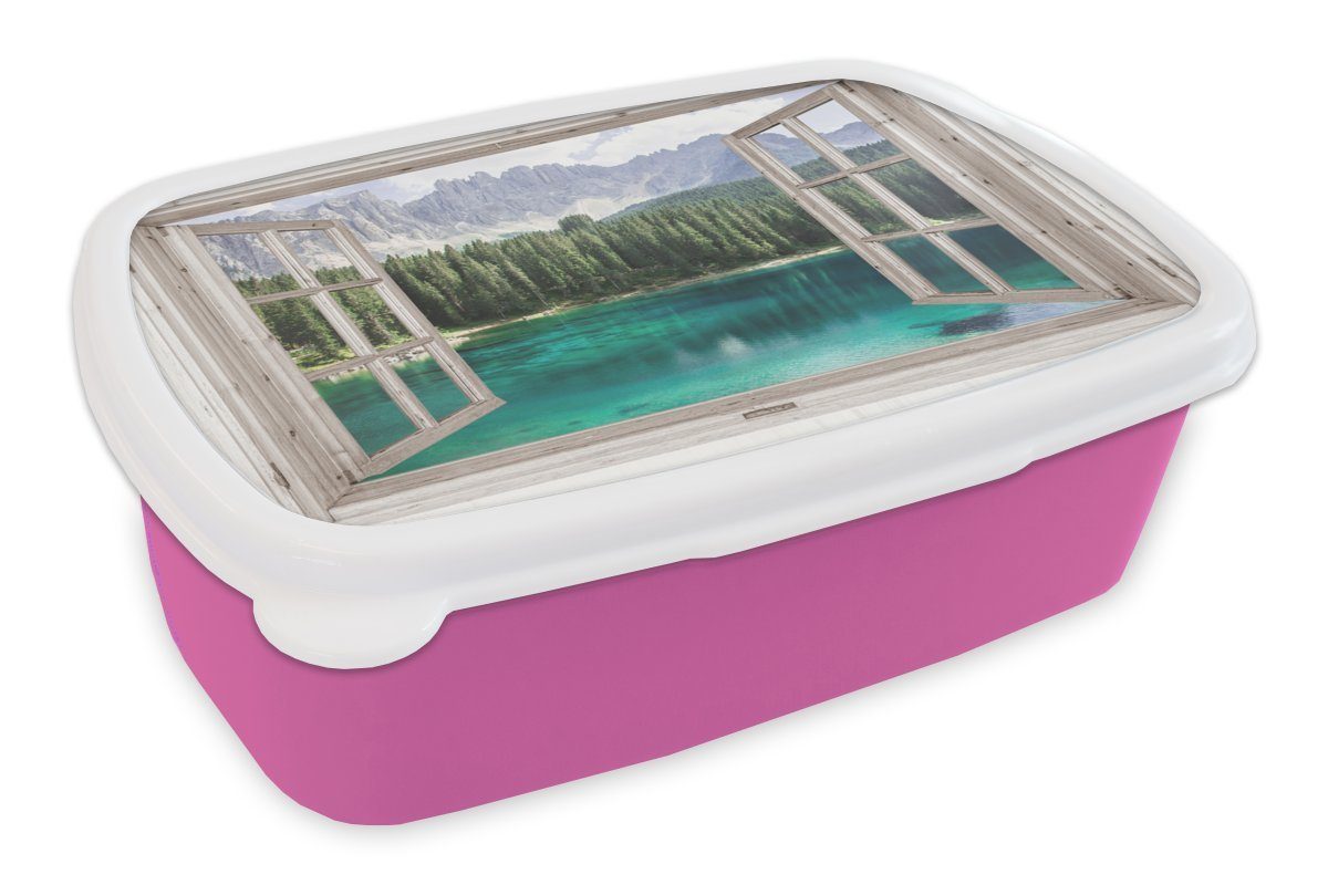 MuchoWow Lunchbox Aussicht - Berg für (2-tlg), Kunststoff, Mädchen, Kunststoff Brotdose Erwachsene, Wasser, Snackbox, - rosa Brotbox Kinder
