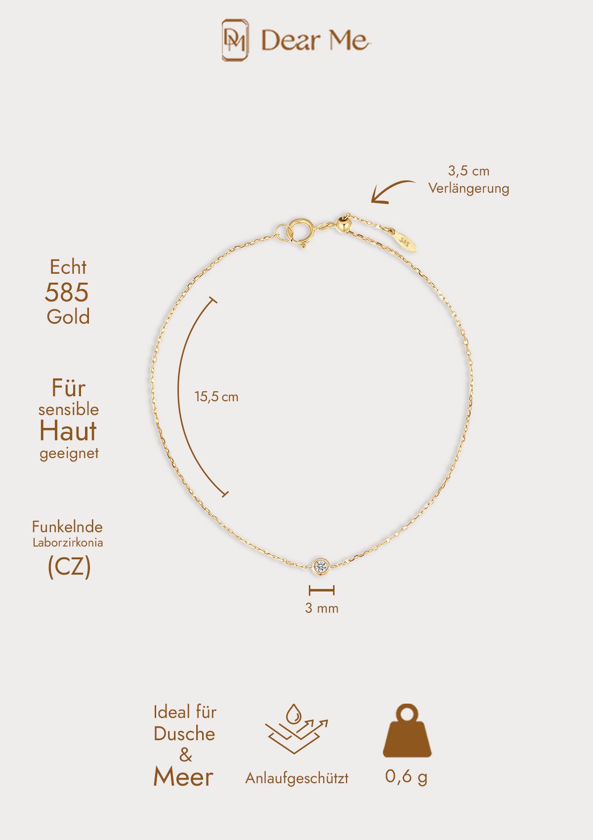 Dear Me Goldarmband 585er Armkette mit Diamant/Zirkon, wählbar, Feines 14K Weißgold Gold Armband Damen, 585 Echtgold Schmuck