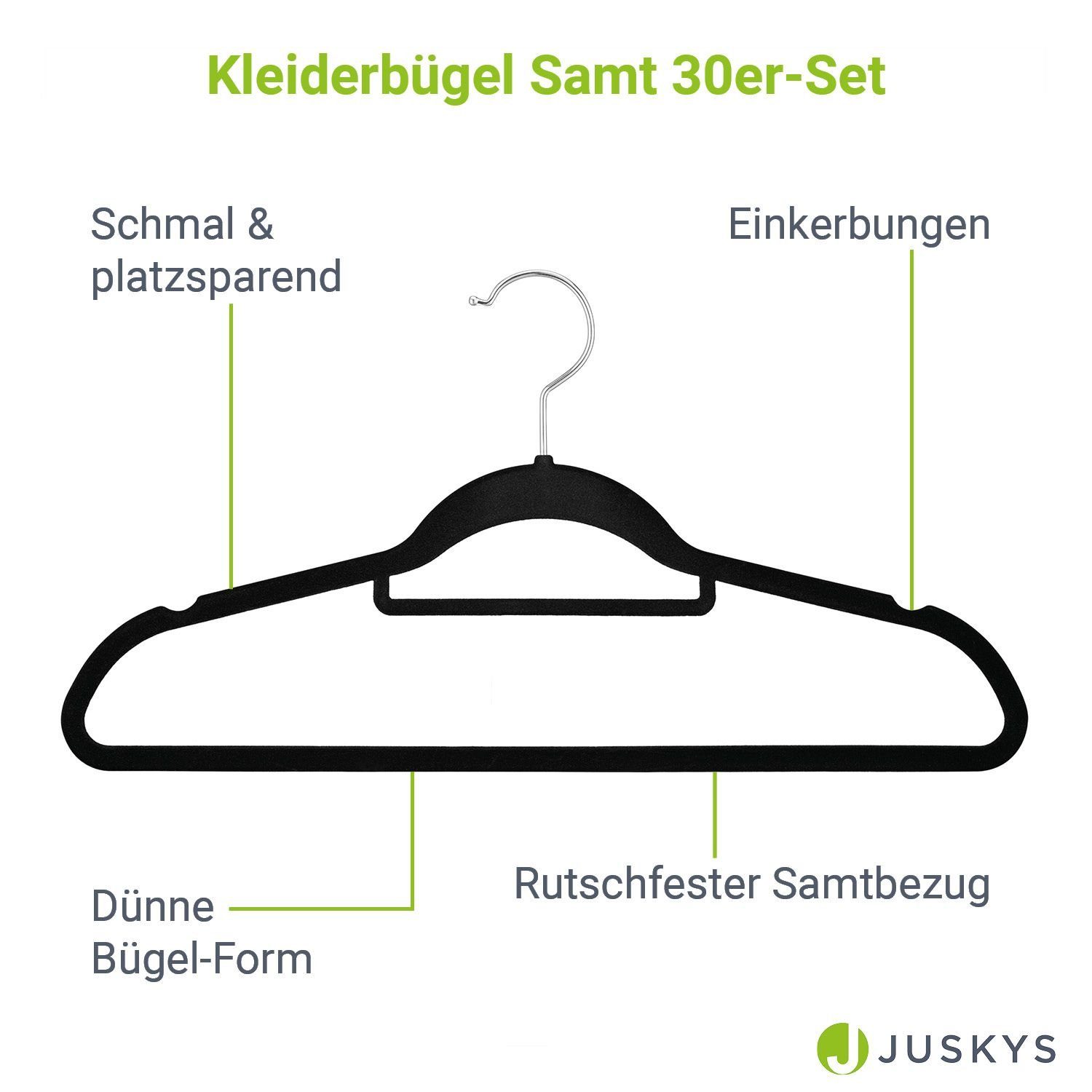 Juskys Kleiderbügel, (30-tlg), Set, schmale Samt Bügel, rutschfest, Kleiderhaken drehbar