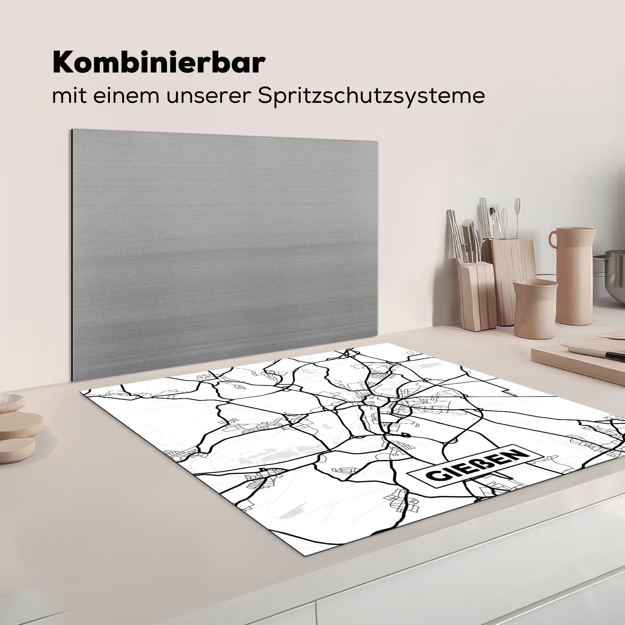 MuchoWow Herdblende-/Abdeckplatte Gießen - Stadtplan, Ceranfeldabdeckung, - (1 Arbeitsplatte für Vinyl, tlg), Karte küche 78x78 cm
