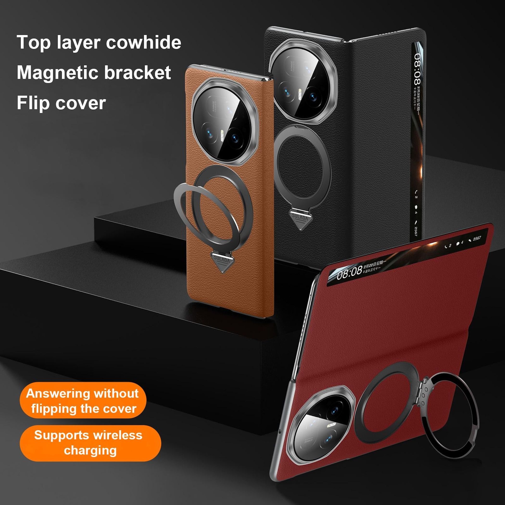 Wigento Handyhülle Leder für Honor Magic V6 Magnetisches Case View Window Schwarz 7.95, Magnetisch, View Window, Standfunktion – Bild 2 von 5