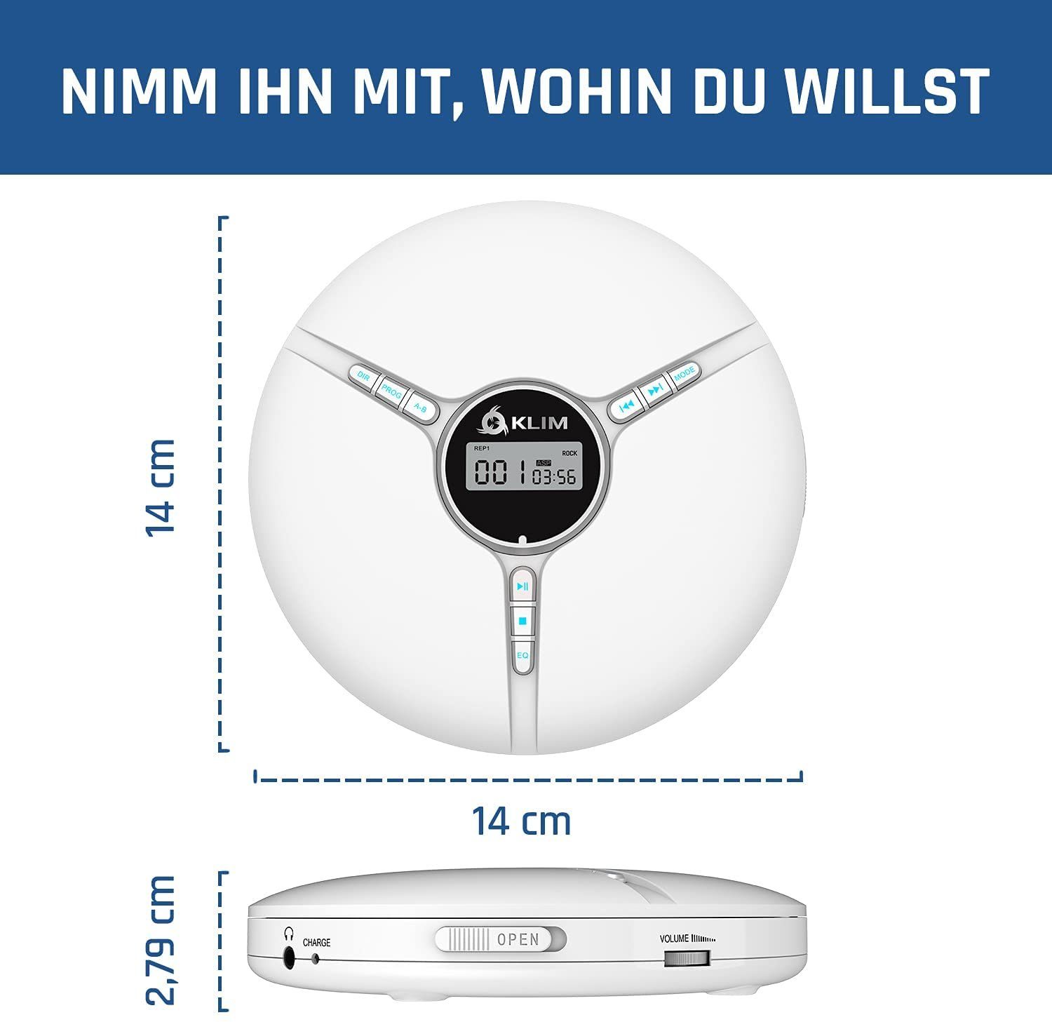 KLIM Tragbarer Discman, inklusive Kopfhörer (hochwertiger unverwechselbares Stereo-CD CD-Spieler Hörerlebnis) Weiß Player für