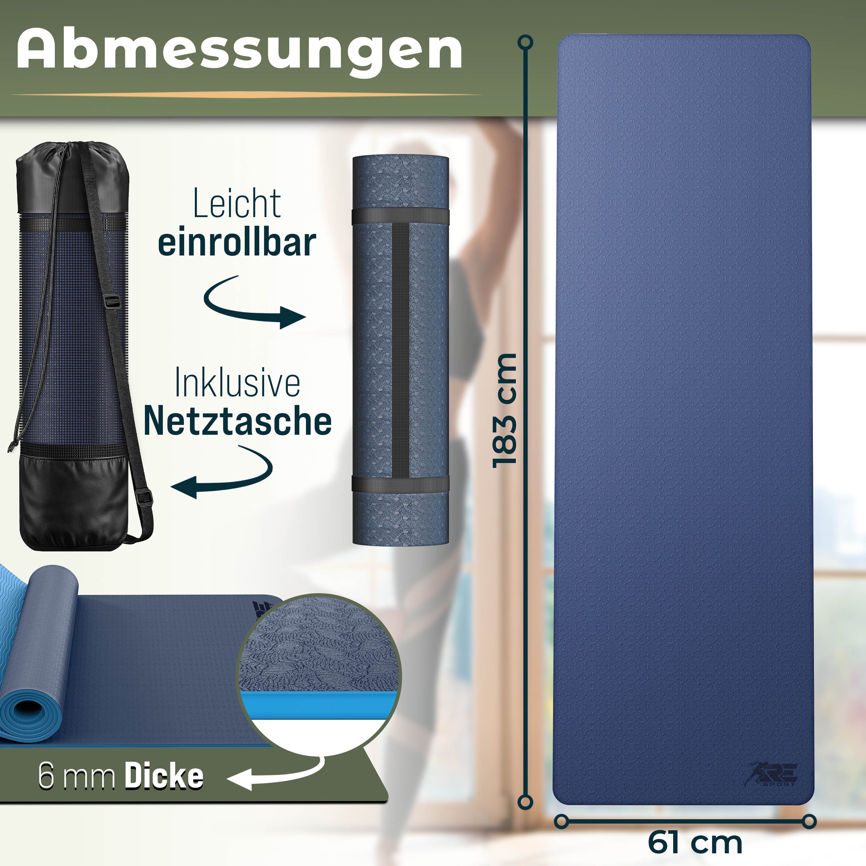 RE:SPORT Gymnastikmatte 183 x 61 x 0,6 cm mit Tragetasche Yogamatte TPE Fitnessmatte (rutschfest), Trainingsmatte mit Tragegurt Fitness Gymnastik Pilates Workou – Bild 3 von 5