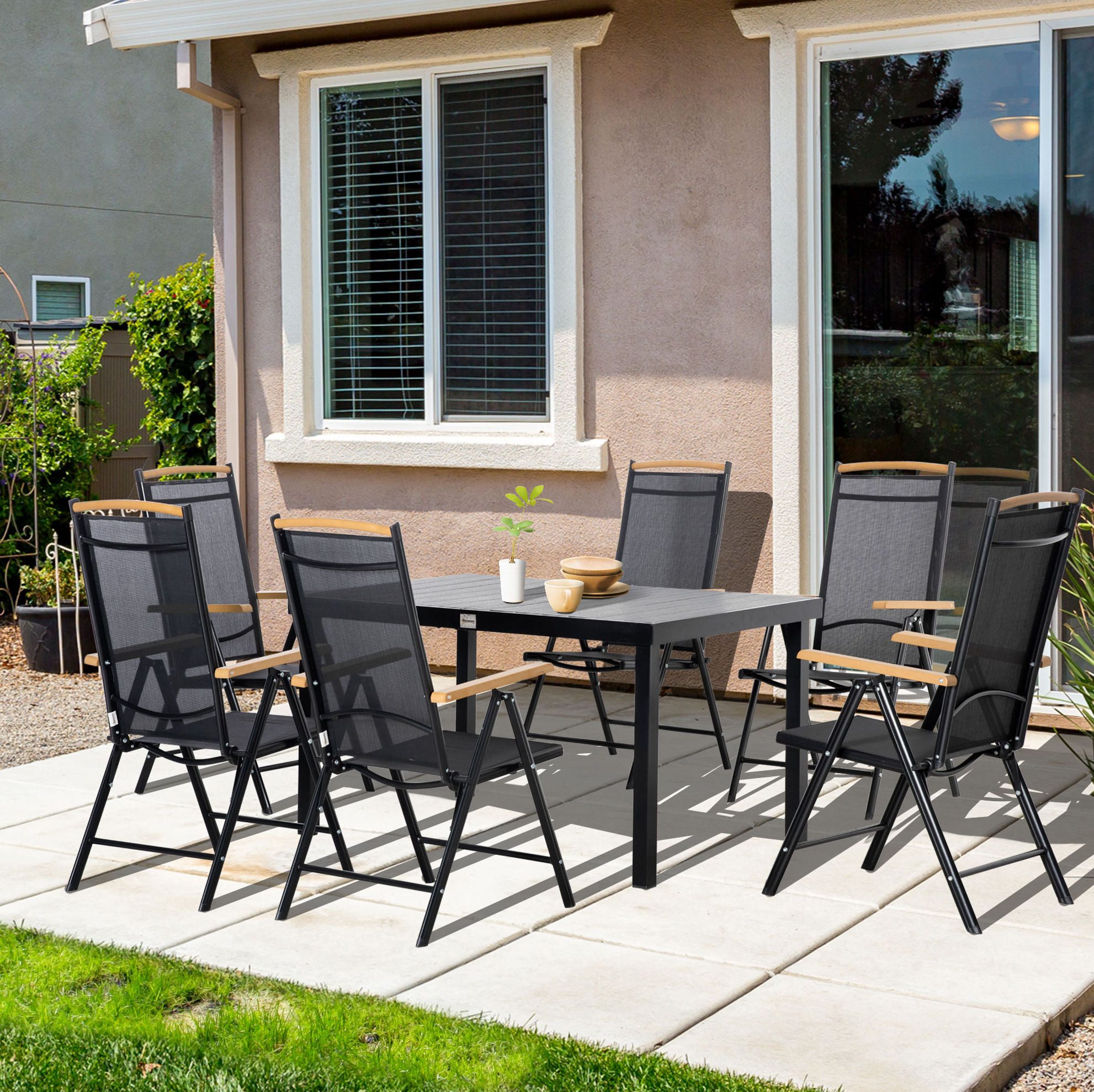 OKWISH Sitzgruppe 6‑tlg. klappbare Sitzgruppe in Schwarz aus Aluminium & Mesh, (Tisch 140x90x74 cm; Stuhl 55,5x68x109 cm, 7-tlg., Platzsparend faltbares Set für mehrere Personen, 1 Tisch + 6 Stühle), Gartenmöbel-Set & Sitzgarnitur für Partys, Grillabende & Terrasse