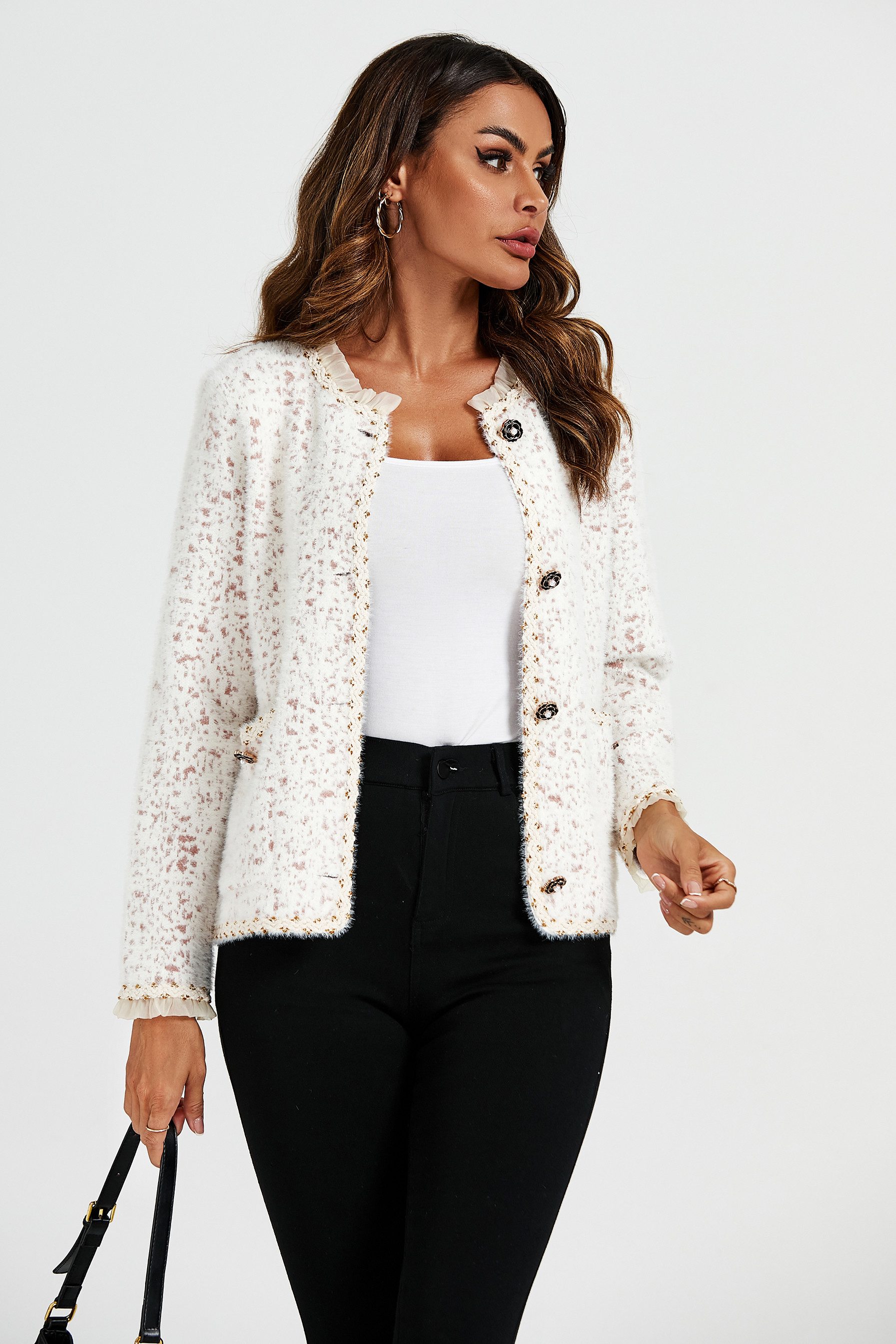 FS Collection Bouclèjacke Damen Bouclé-Jacke Kurzjacke mit Spitzenbesatz un günstig online kaufen