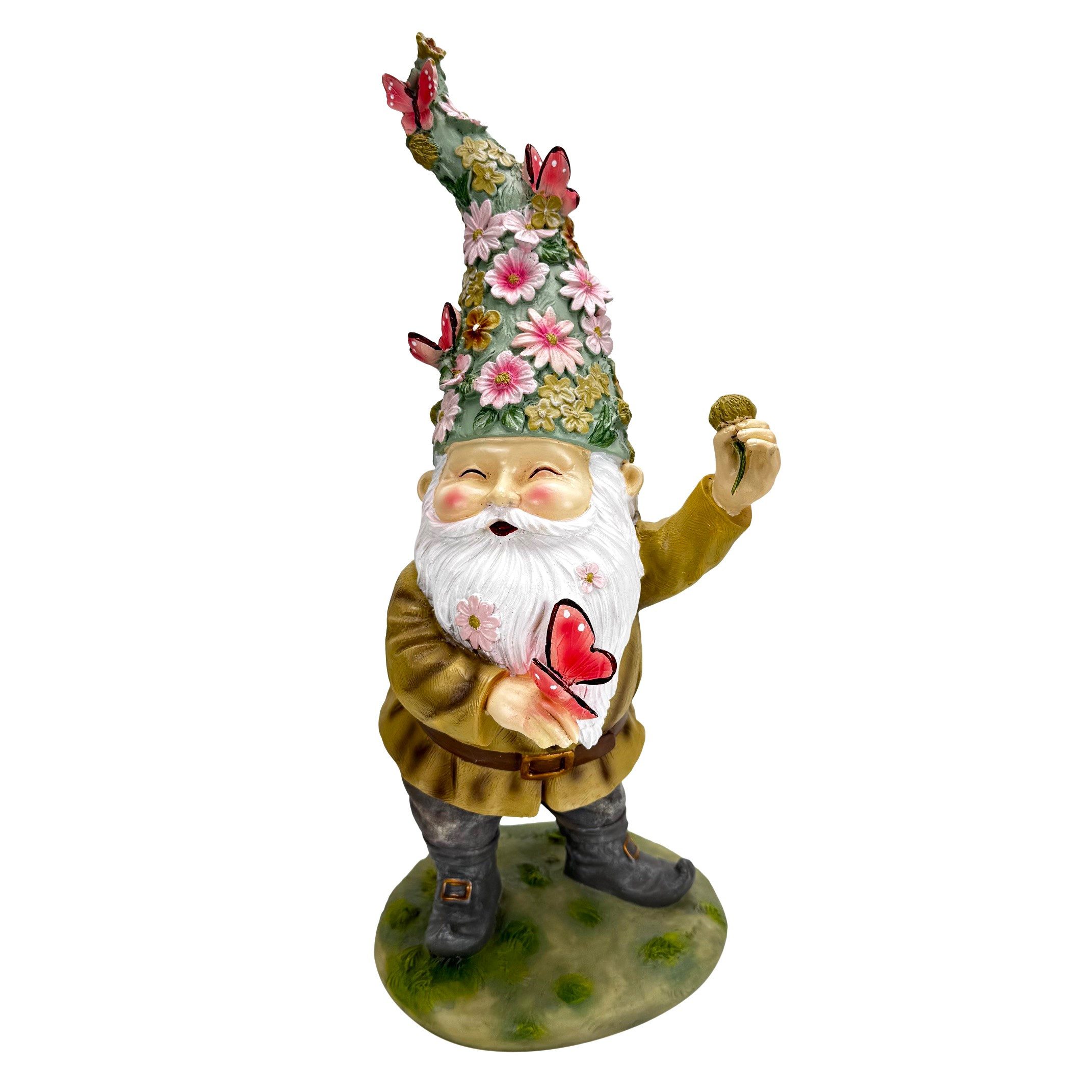 Online-Fuchs Gartenfigur für außen - süßer Gartenzwerg mit Blumenmütze & Schmetterlingen, wetterfest - 47 cm hoch