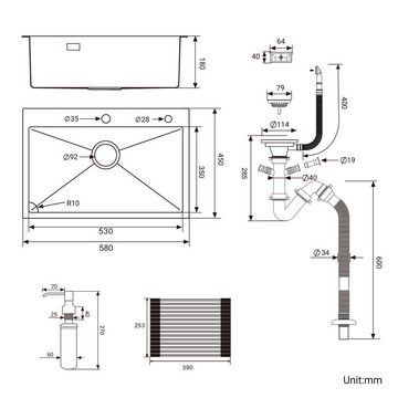 AuraLum pro Küchenspüle Edelstahlspüle Einbauspüle 58x45cm Spülbecken für ab 60cm Unterschrank, mit Abtropfmatte und Seifenspender