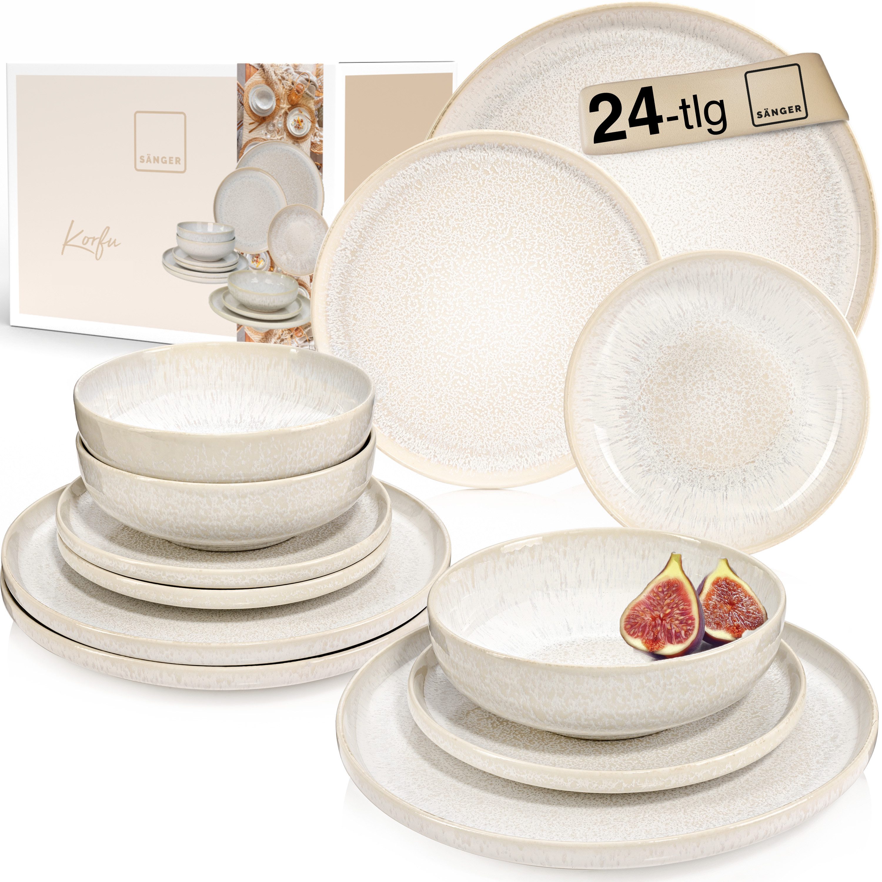 SÄNGER Tafelservice Korfu Geschirrset (24-tlg), 4 Personen, Steingut, Creme Beige, Handmade, Premium Collection