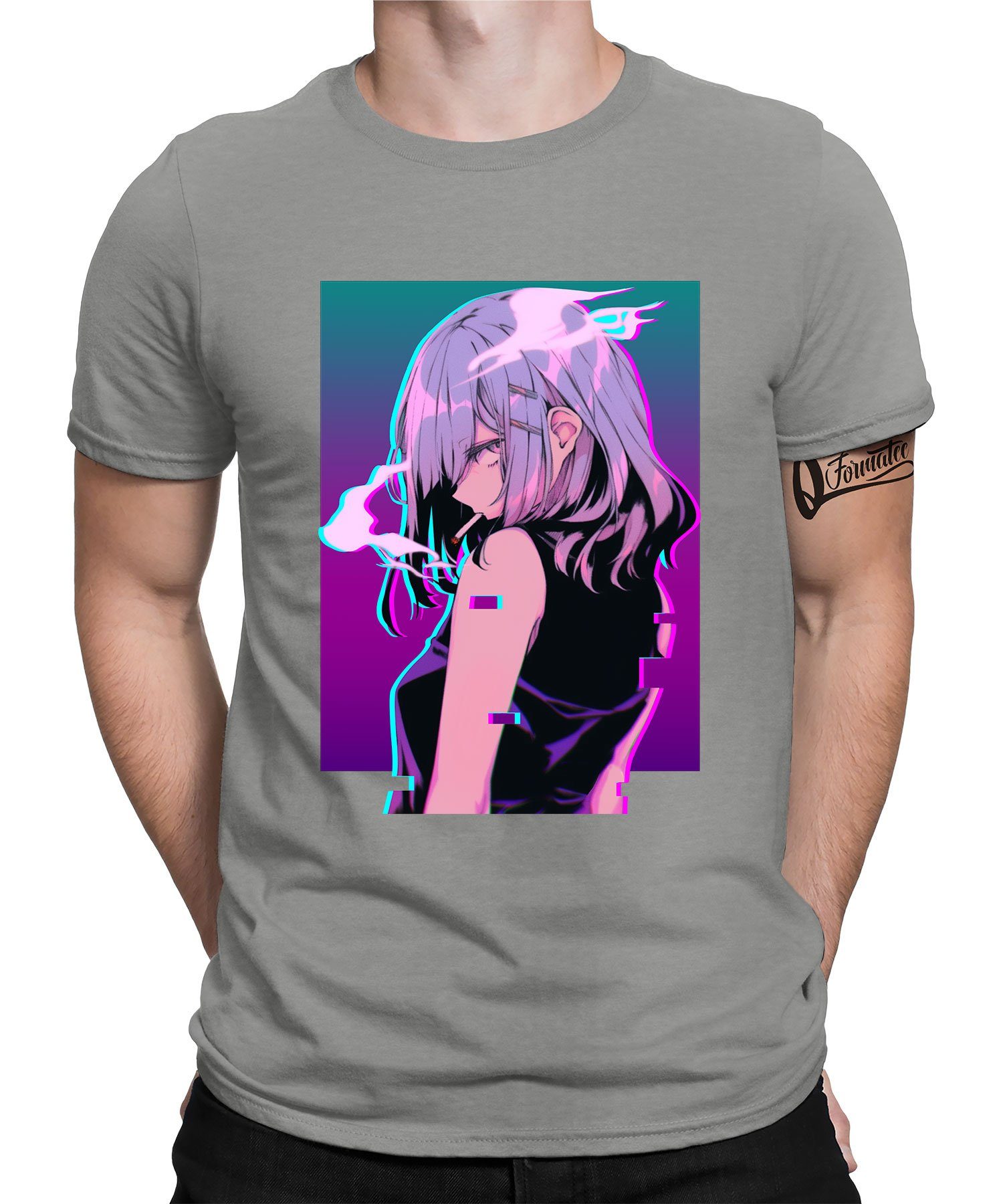 Quattro Formatee Kurzarmshirt Japanese Vaporwave Anime Girl - Japan Ästhetik Herren T-Shirt (1-tlg) Heather Grau