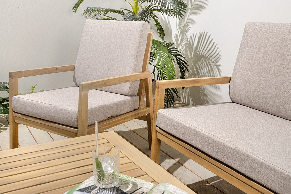 riess-ambiente Sitzgruppe BALI 110cm natur – Garten, wetterfest, 2x Sessel, 1x Sofa, 1x Tisch, (Set, 4-tlg), kompaktes Balkonset aus Massivholz – ideal für kleine Außenbereiche