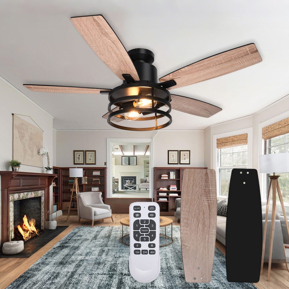 LMaxhome Deckenleuchte mit Ventilator Ø112cm Deckenventilator mit Beleuchtung Leise LED, 6-stufiger, LED wechselbar, Warmweiß, 36W mit Fernbedienung, Umkehrbar, 2x E27-Glühbirnen, Timer-Funktion