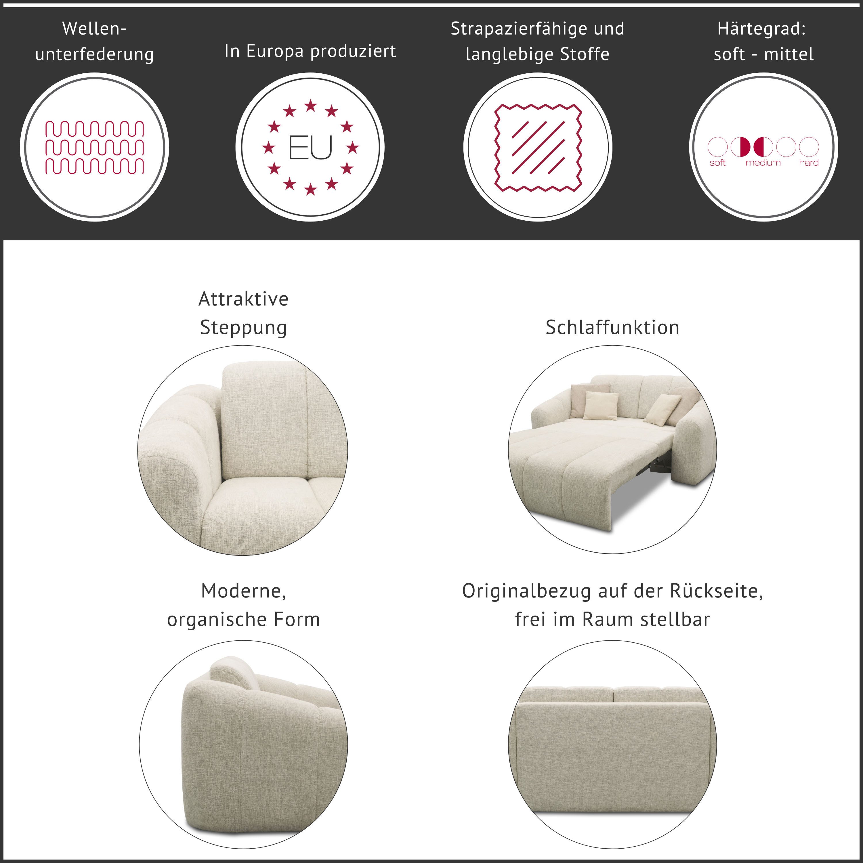 DOMO collection Schlafsofa Lymra, 192 cm breit, organische Form mit vertikalen Absteppungen, Mit Schlaffunktion
