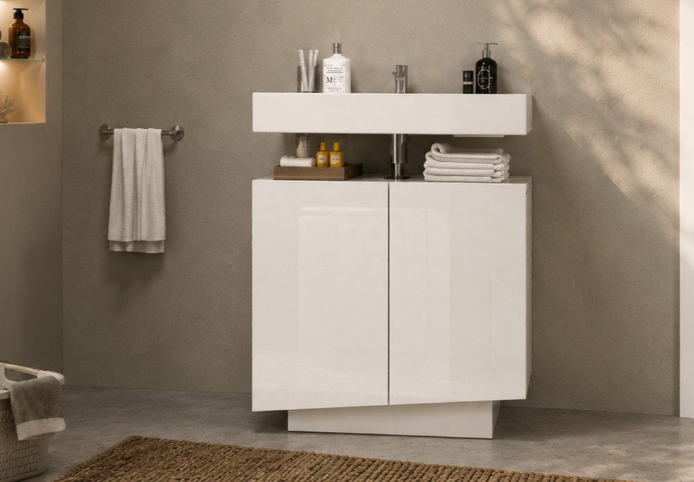 welltime Waschbeckenunterschrank Vela,Breite 60cm, 2 Türen, 2 Fächer, mit Siphonausschnitt, lackiert (1-St) Waschbeckenunterschrank,Waschtisch,Design mit schräg – Bild 2 von 5