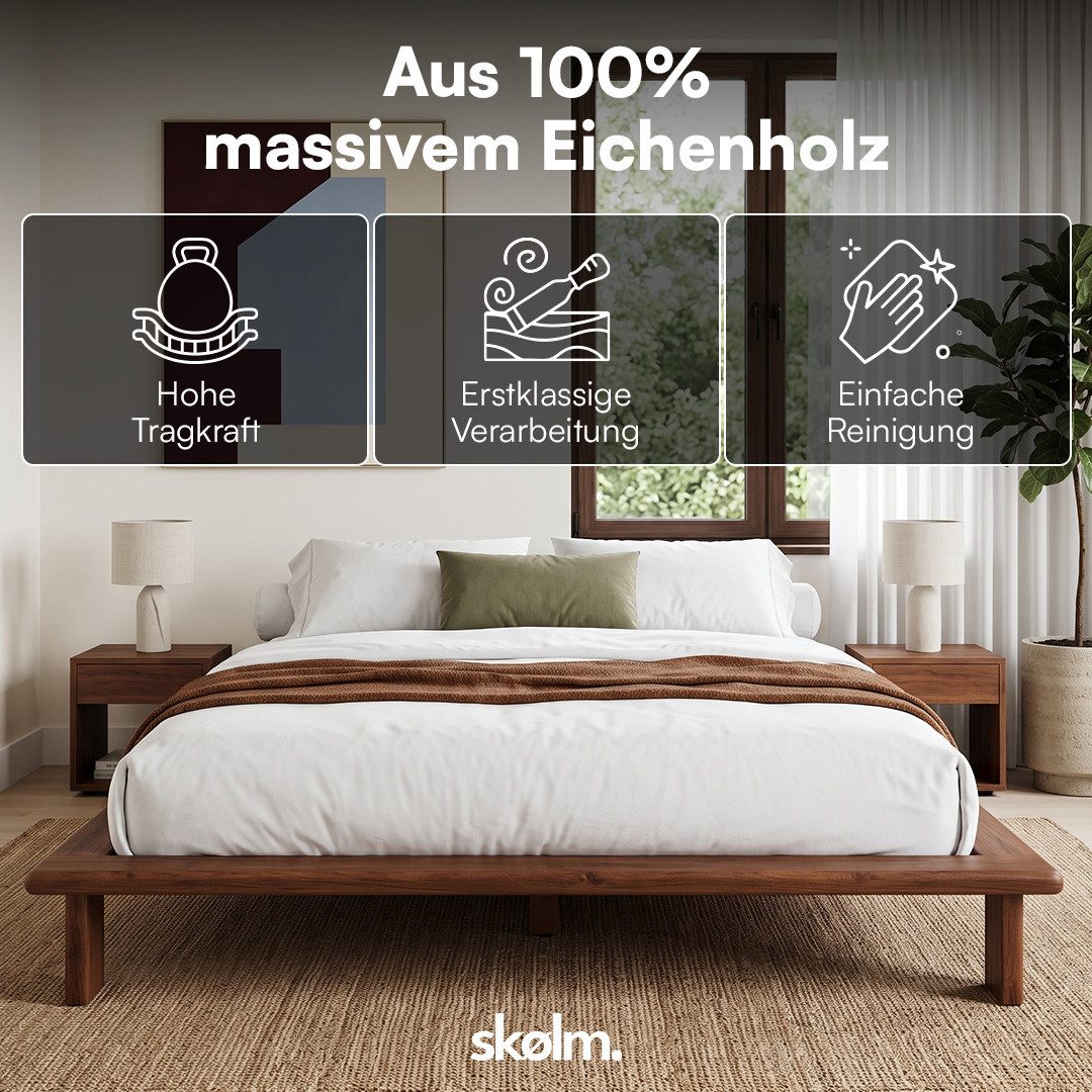skølm Futonbett Skald aus Massivholz Eiche, Holzbett 25 cm hoch (Walnussoptik, 180x200 cm), Massivholzbett lackiert, Doppelbett in 120/140/160x200 cm verfügbar – Bild 2 von 5