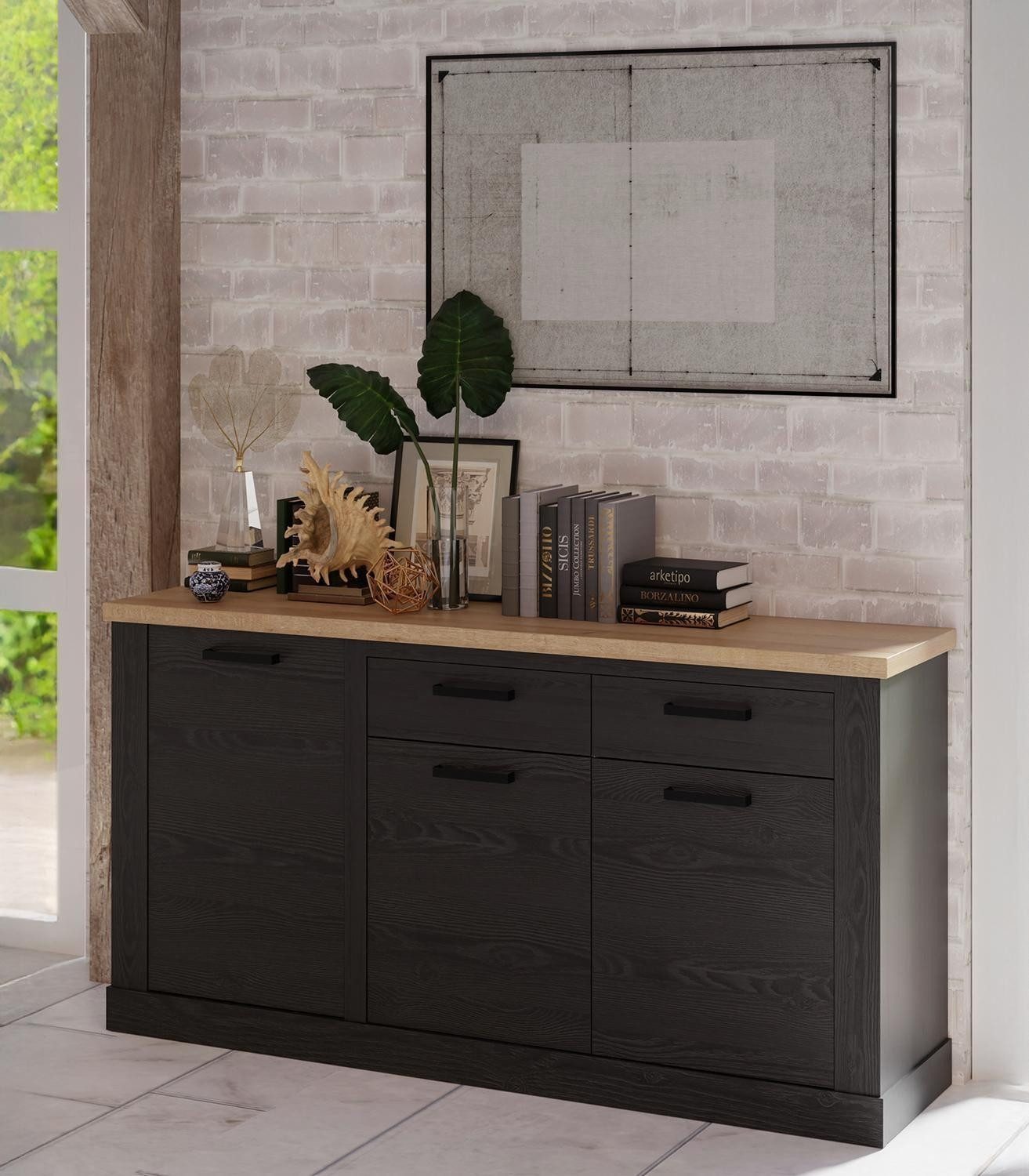 FORTE Sideboard DURO, Cabezone Eiche Dekor, Riviera Eiche Dekor, 3 Türen, 2 Schubladen, B 174 x H 91 x T 42 cm