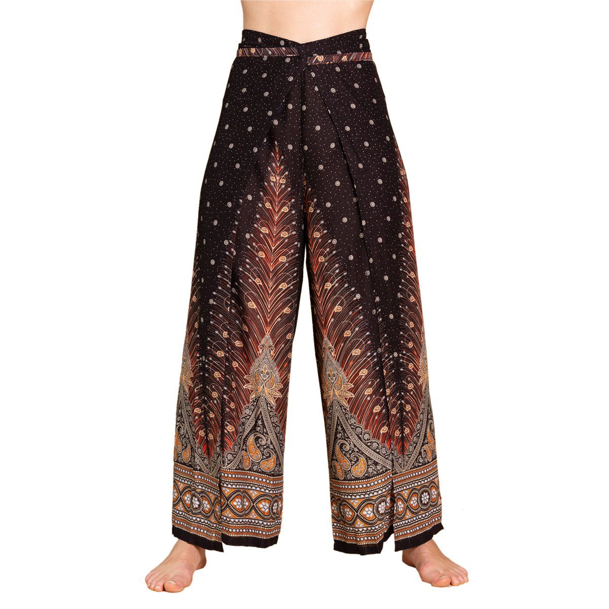 PANASIAM Relaxhose Sunshine Pants Wickelhose aus natürlicher Viskose Palazzohose im Peacock Design langer Boho Hosenrock Haremshose Pareo Hose