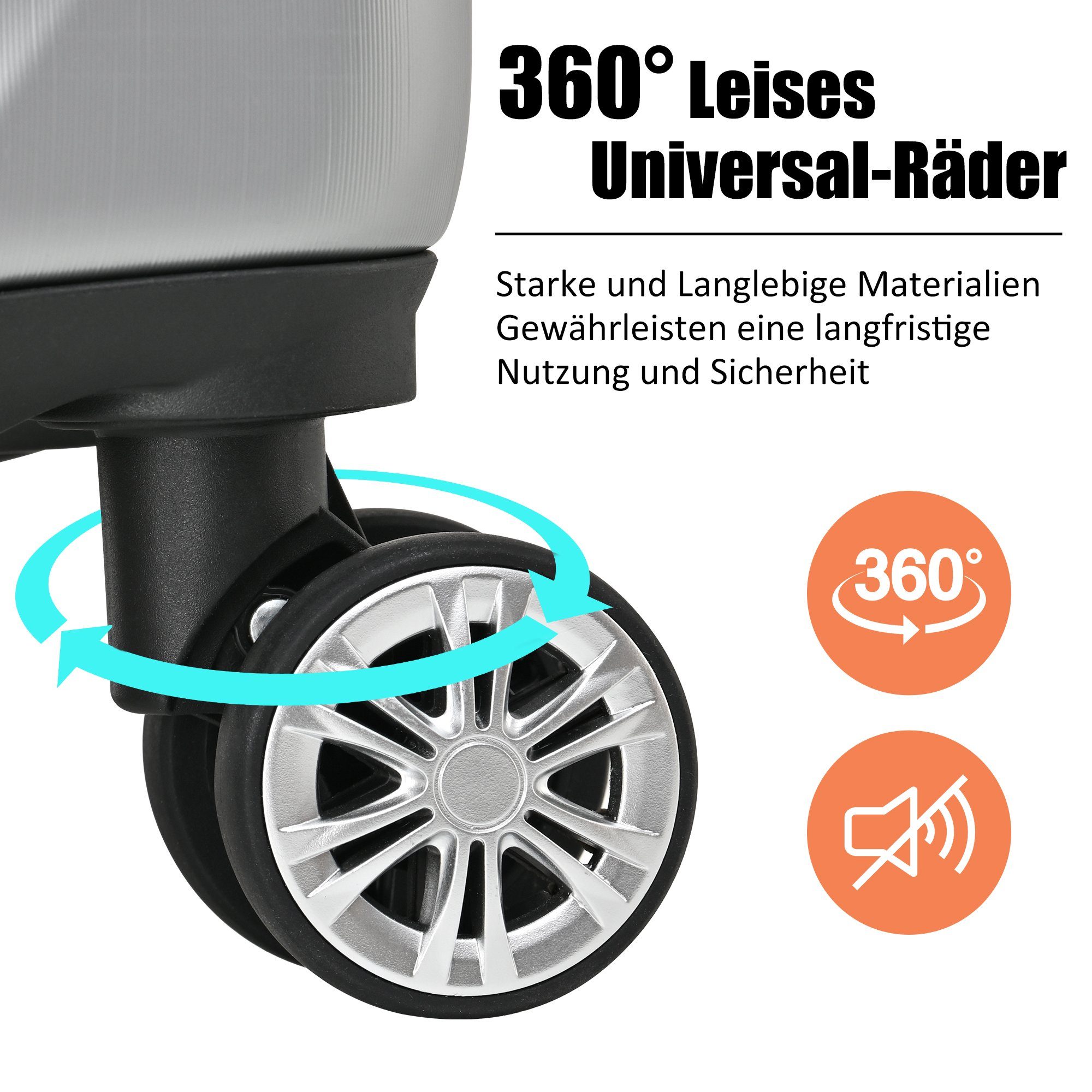 Silbergrau Hartschalenkoffer leises Hartschalen-Trolley 4 Rollen, Räder OKWISH Handgepäck-Trolley Reisekoffer, Universal- 360°