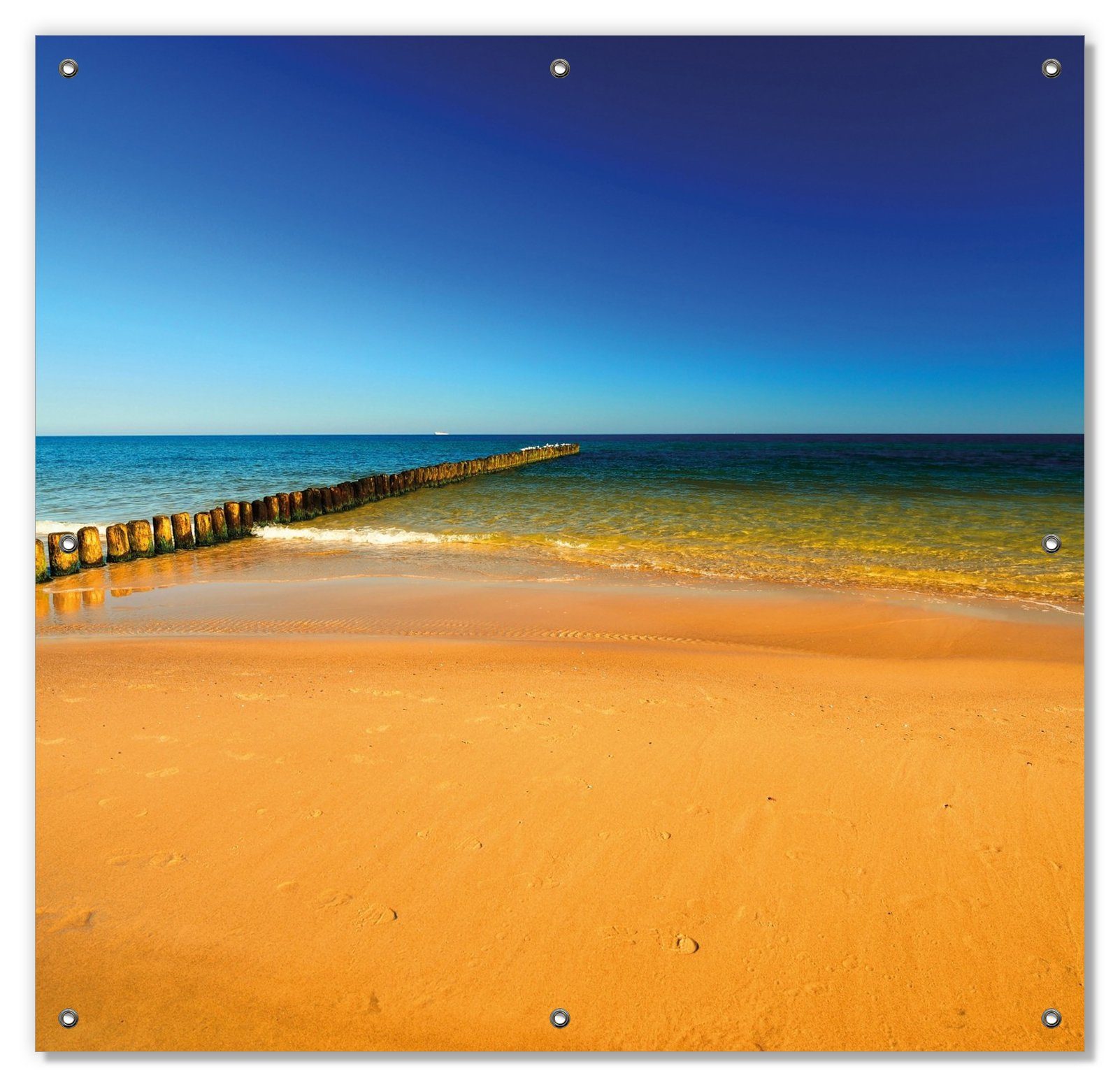 Sonnenschutz Sandstrand in orange - Blaues Meer - Blauer Himmel, Wallario, blickdicht, mit Saugnäpfen, wiederablösbar und wiederverwendbar