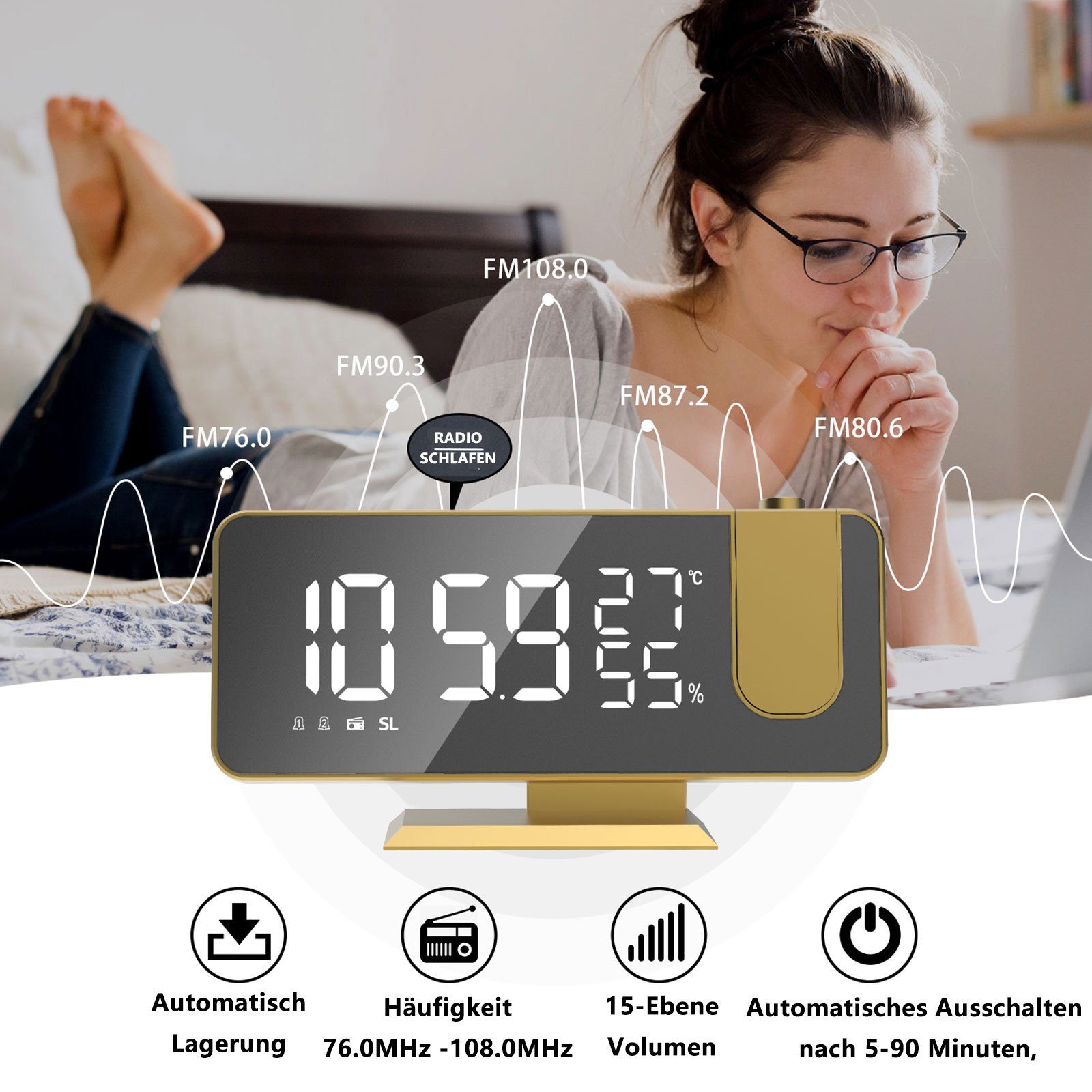 Radio Ziffer Dual-Alarm Farbe ° Alarm 12/24H ohne Gold Projektion USB-Anschluss Temperatur Akku Digital Schale Projektionswecker Radiowecker Weiß Digitalwecker Wecker LED 180 OKWISH Projektion