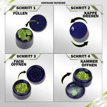 Black Leaf Gewürzmühle Grinder 4-tlg. Aerospace-Aluminium zum Drehen, (4 Stück), Inkl. Pollensieb & Schaber als Set I für Joint, Weed, Gras