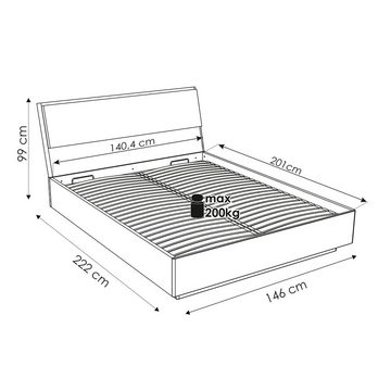 Lomadox Funktionsbett SANFORD-129, San Remo Eiche hell Nb., Bettkasten, Lattenrost klappbar, 140x200 cm