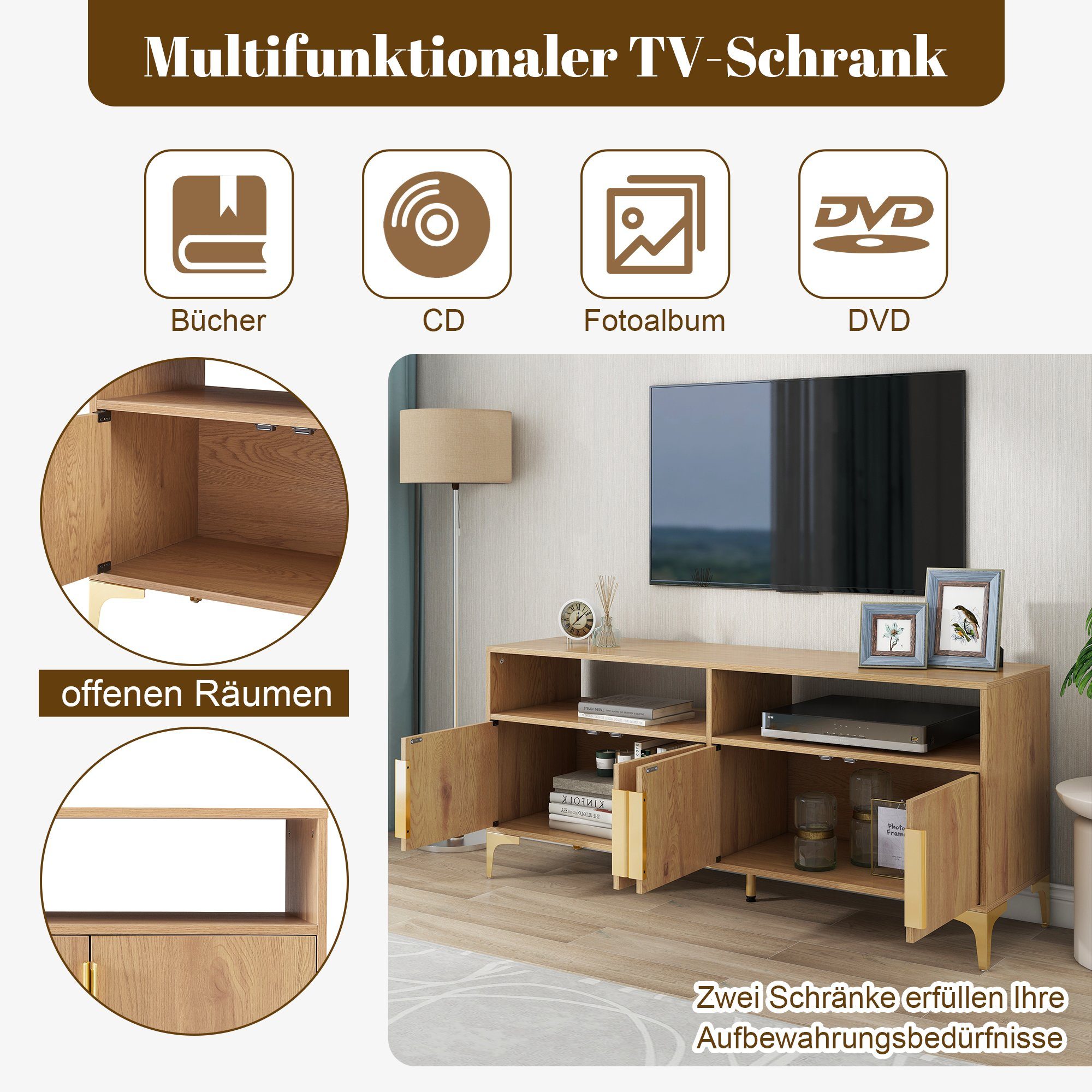 2 Tür Odikalo Fächern TV-Schrank Lagerschrank 147x40x64 Naturholz 4 TV-Ständer Sideboard