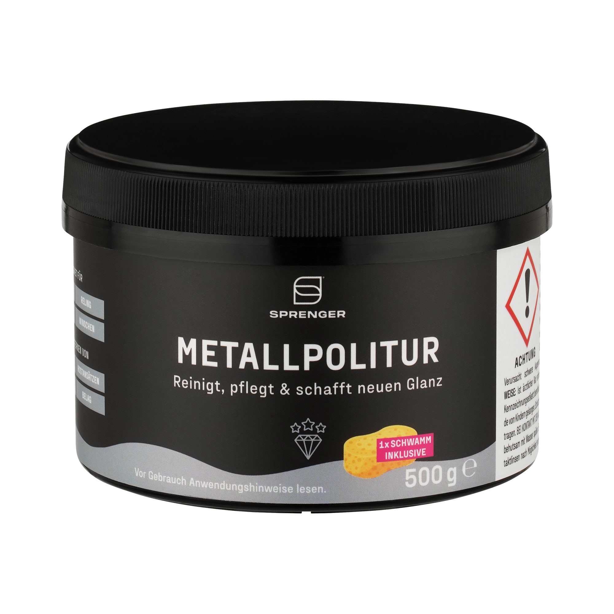 SPRENGER Metallpolitur 500 g Dose inkl. Schwamm Politur, Reinigt & poliert Edelstahl & Reling – Entfernt Rost
