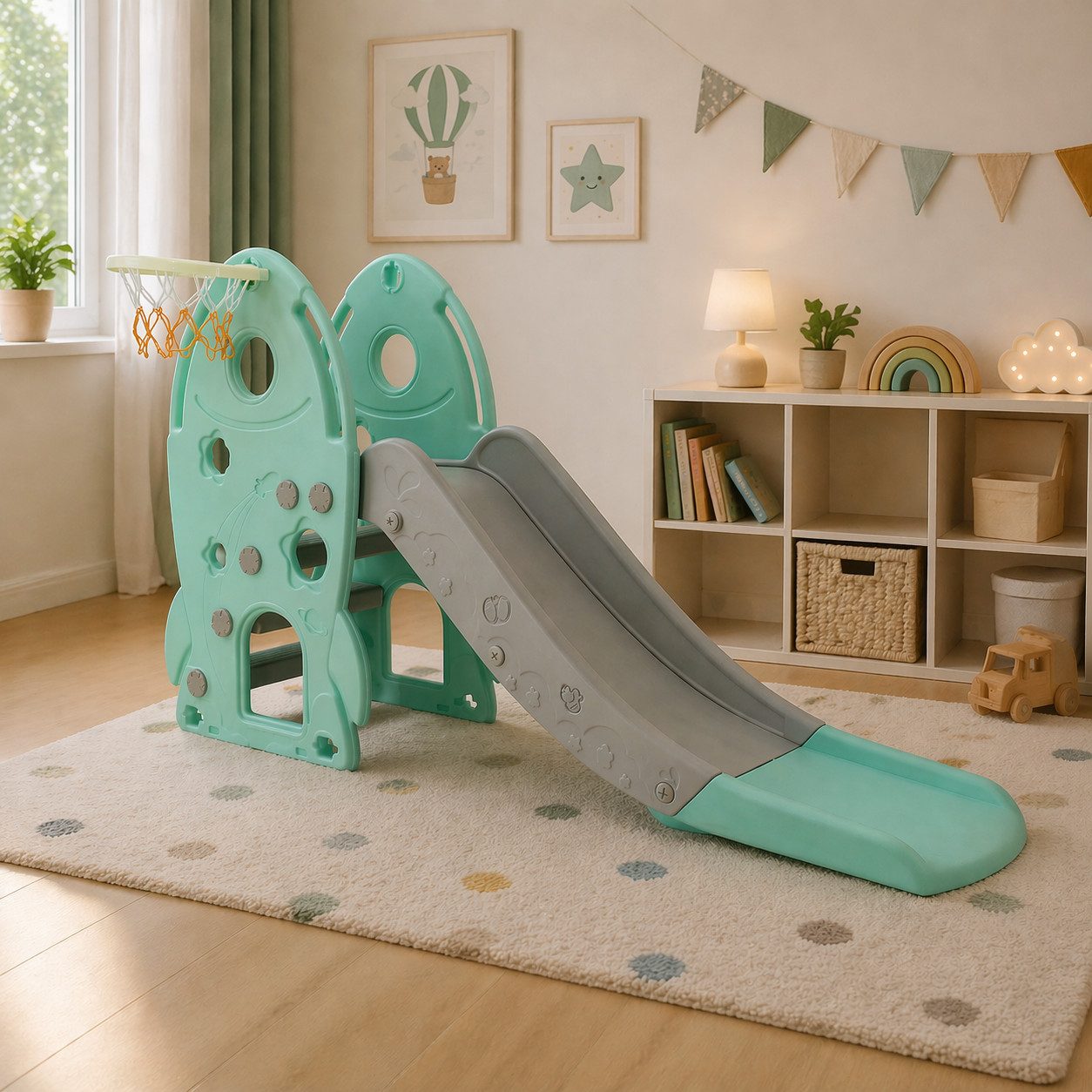 Sweety-Toys Indoor-Rutsche freistehende Kinder Rutsche im Raketendesign türkis mit Basketballkorb