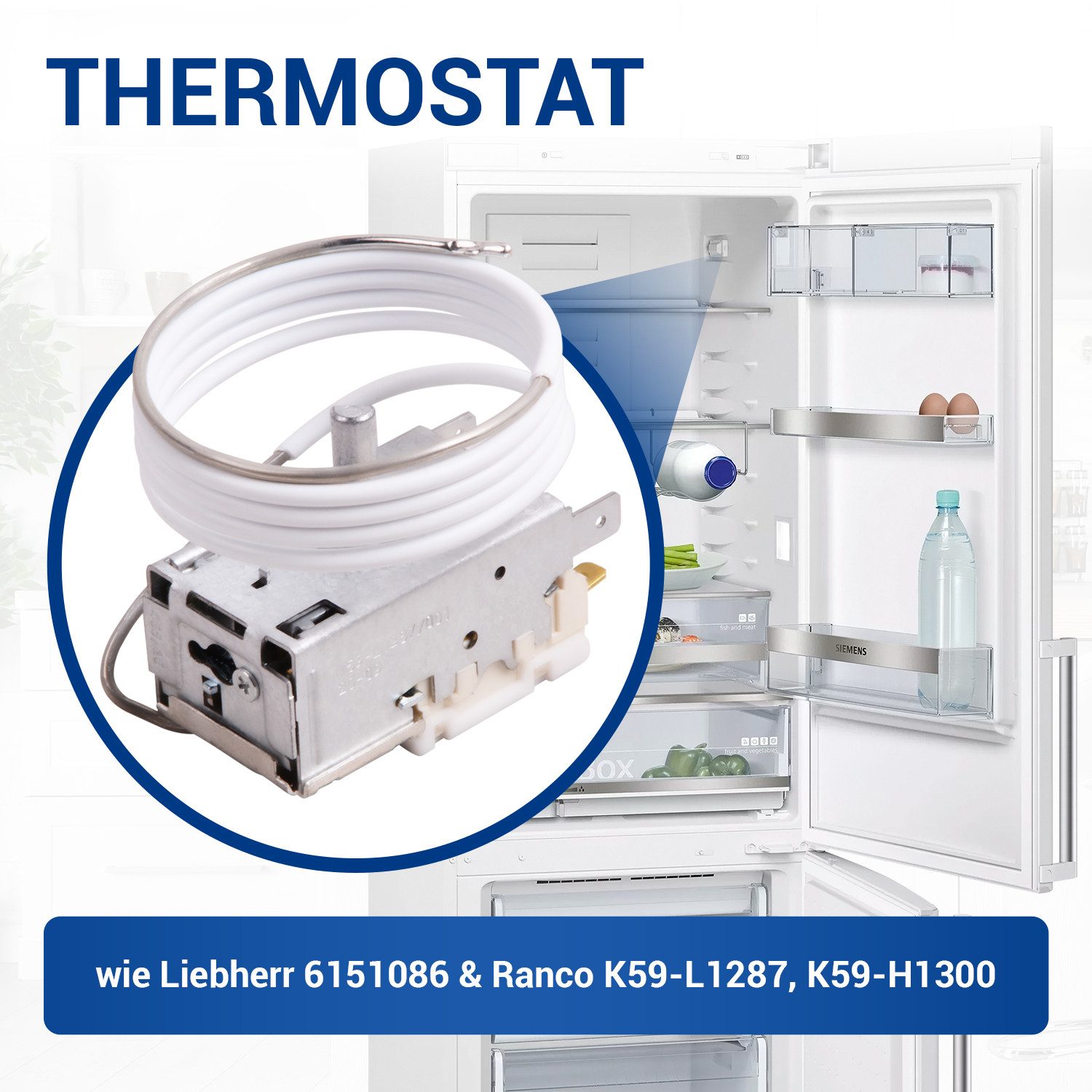 VIOKS Thermodetektor Thermostat Ersatz für Liebherr 6151086, Ranco K59-H1300 900mm Kapillarrohr 3x4,8mm AMP für Kühlschrank
