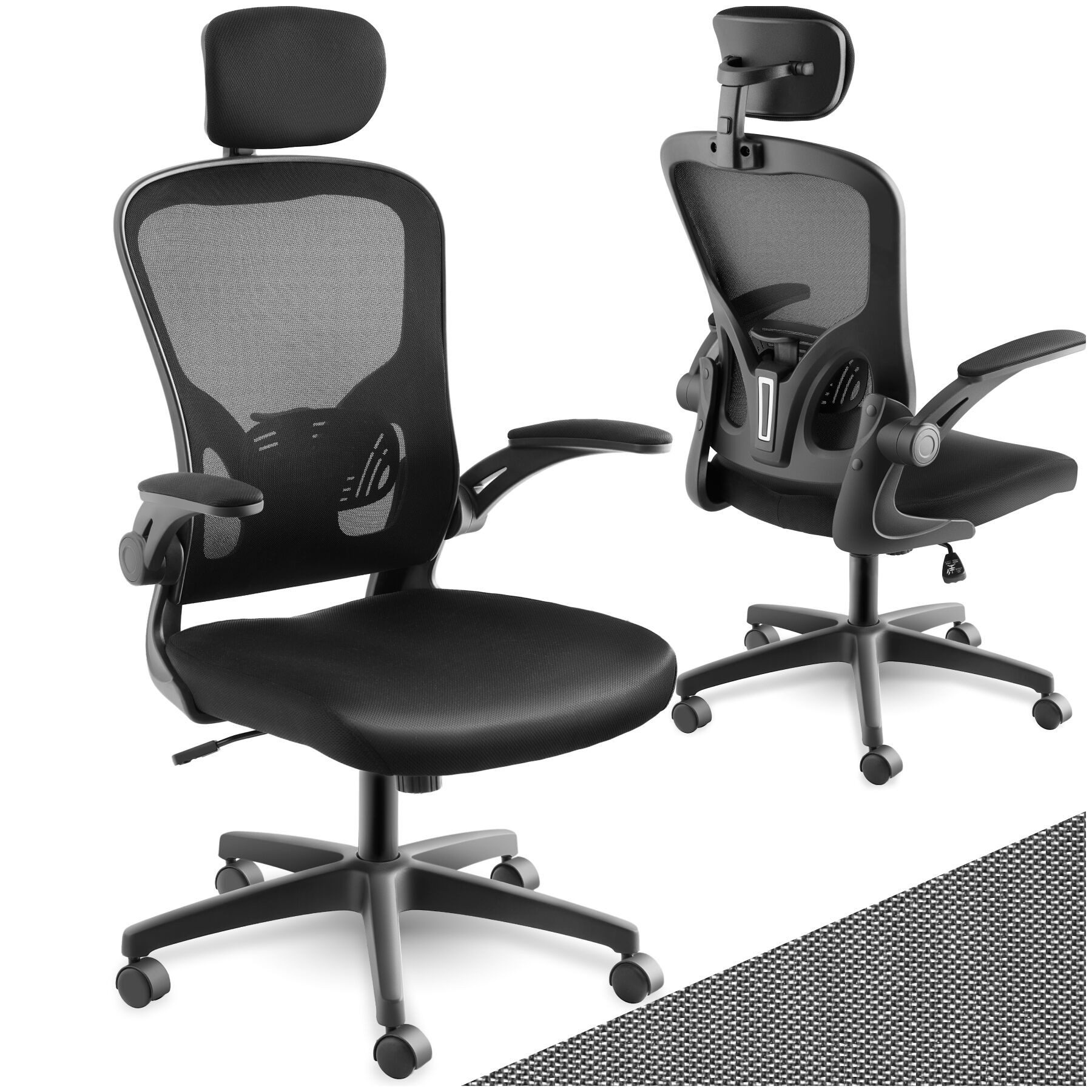 tectake Drehstuhl Ergonomischer Bürostuhl mit Kopfstütze und Lordosenstütze (Schreibtischstuhl Arges, 1 St), Netzbezug, klappbare Armlehnen, Wippfunktion, 150 kg
