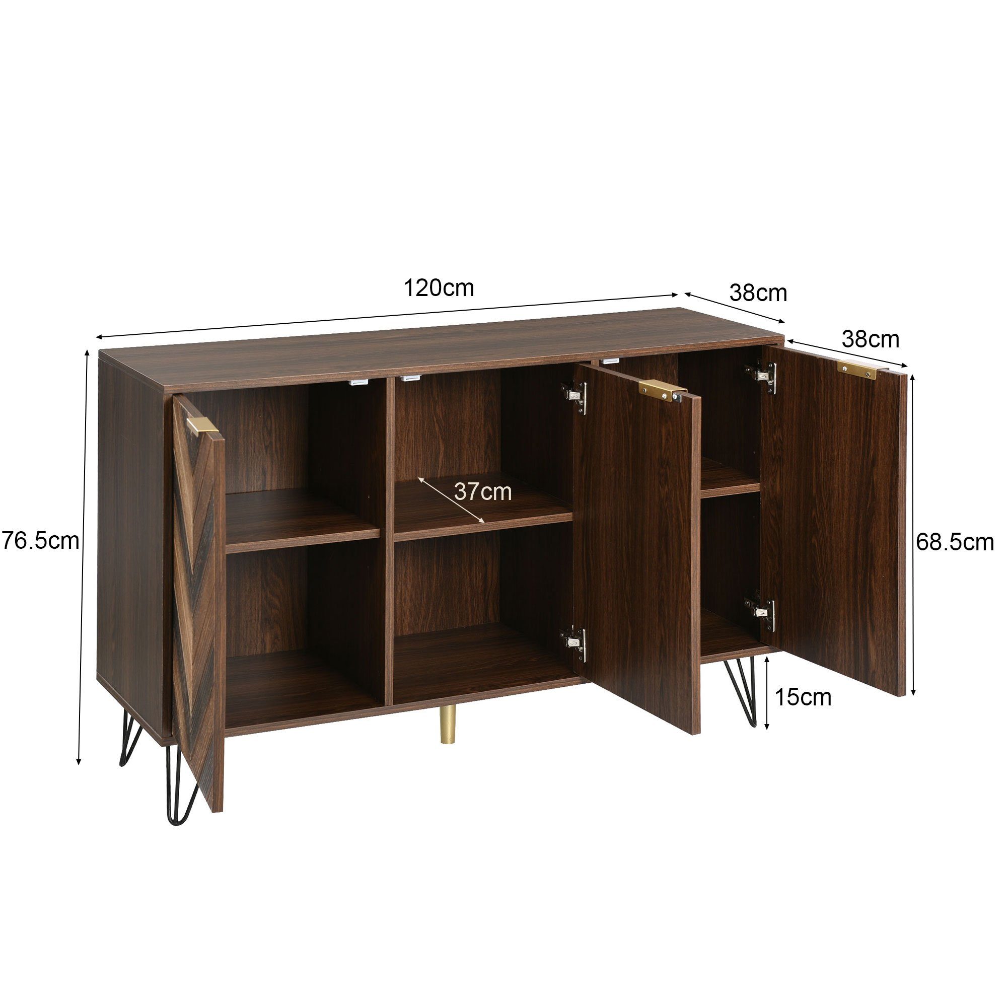 Sideboard (Kommode mit 3 Türen und goldenen Metallgriffe), Fischgrätenmuster Design, Highboard Holz, Breite 120 cm