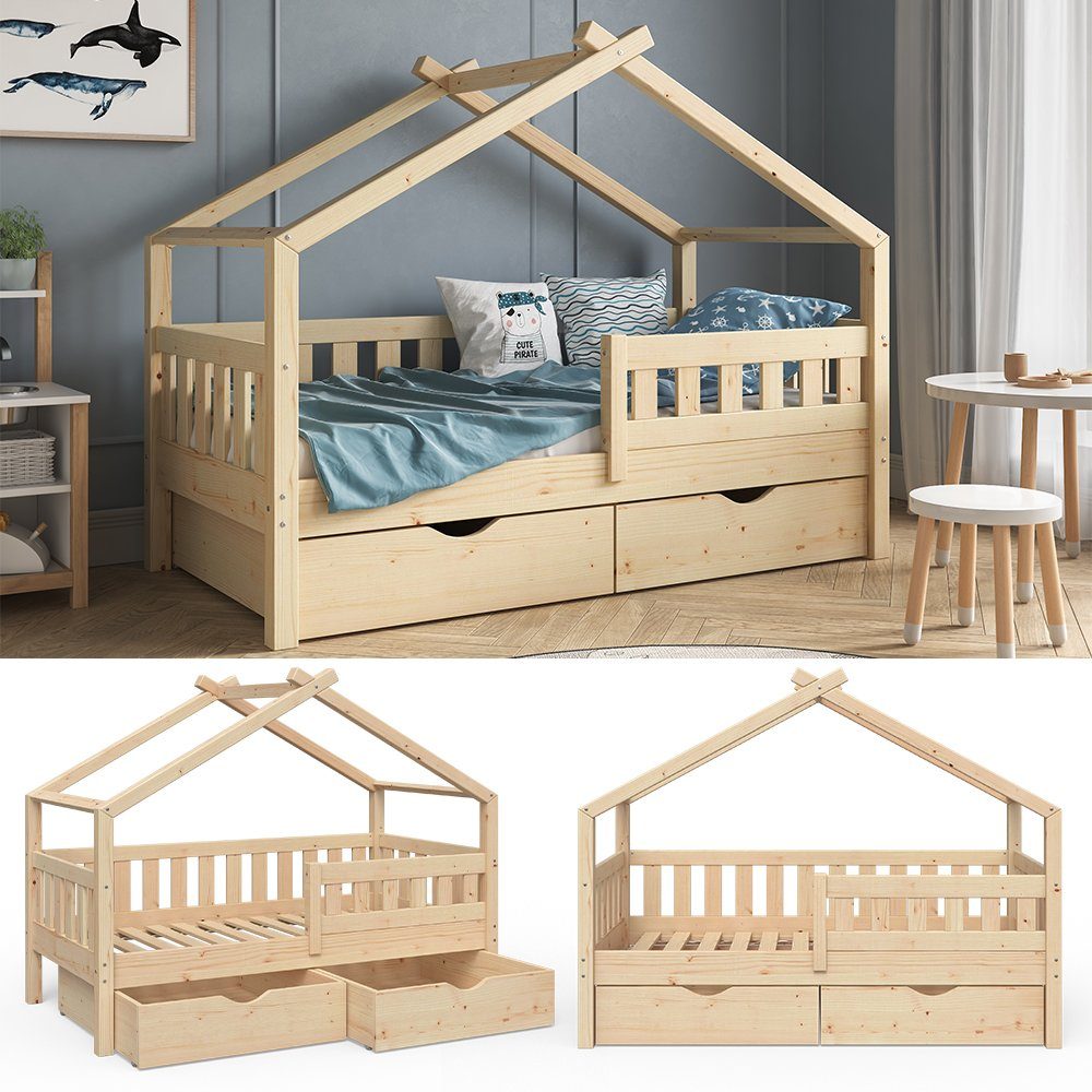 VitaliSpa® Hausbett Design, Naturholz, 80x160 cm mit 2 Schubladen (2-tlg)