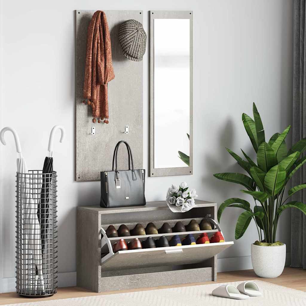 furnicato Garderoben-Set Flurmöbel-Set 80x27x46,5 cm Betongrau, (1-St), Garderobenset mit 4 Kleiderhaken und großem Wandspiegel für den Flur