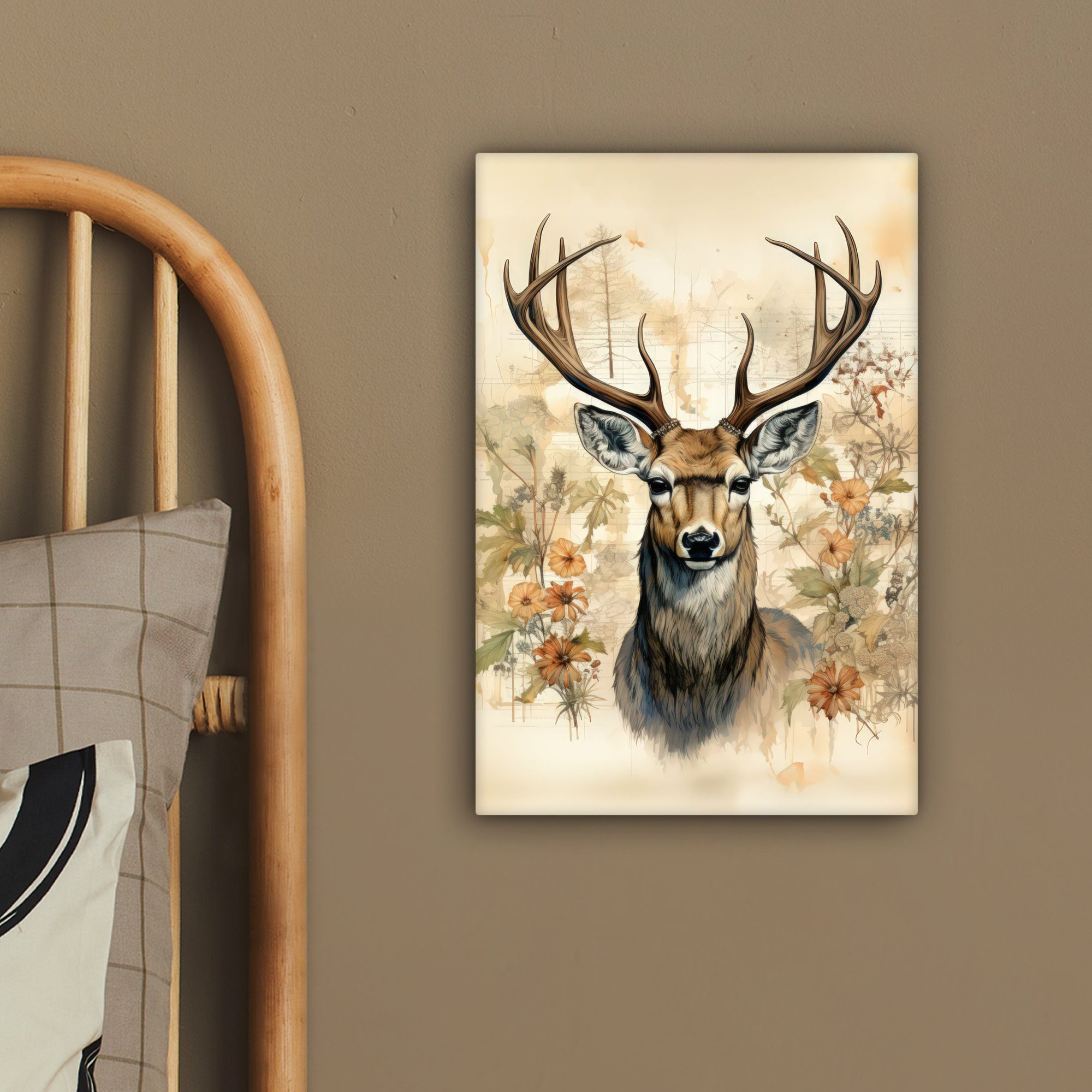 OneMillionCanvasses® Leinwandbild Vintage - Hirsch - Rotwild - Blumen - Beige - Tiere - Natur, Fotodruck (1 St), Leinwand Bilder Klein, Wand Dekoration Aestheti – Bild 4 von 5
