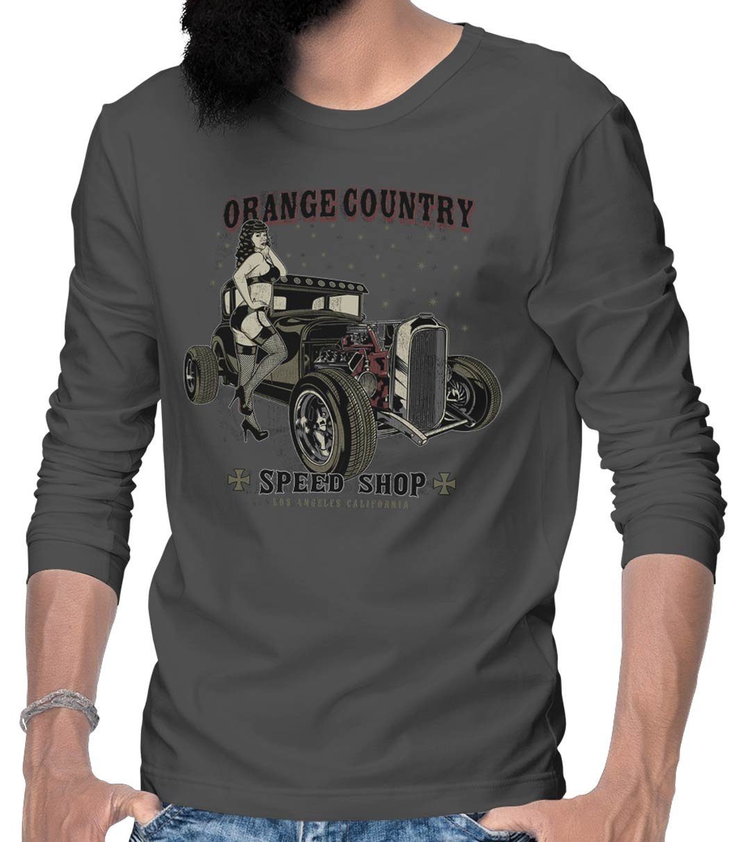 Country mit Custom Orange US-Car Longsleeve Tee Rebel Langarm Herren T-Shirt Hotrod On Motiv Grau / Hotrod Wheels Longsleeve